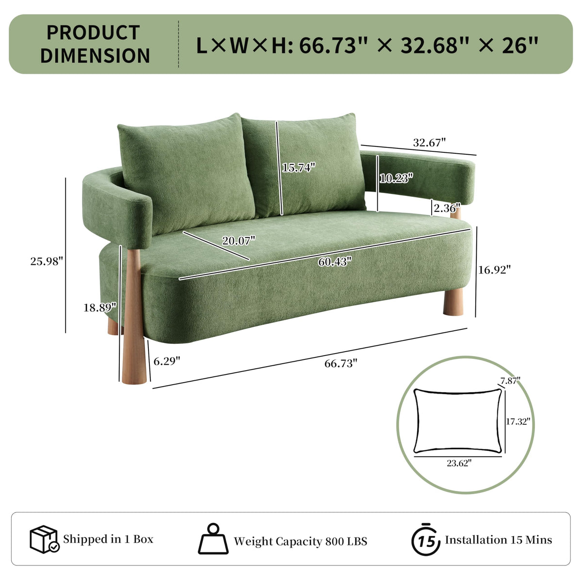 67" L Loveseat Sofa, Chenille Couches for Living Room, 2 Pillows, Green