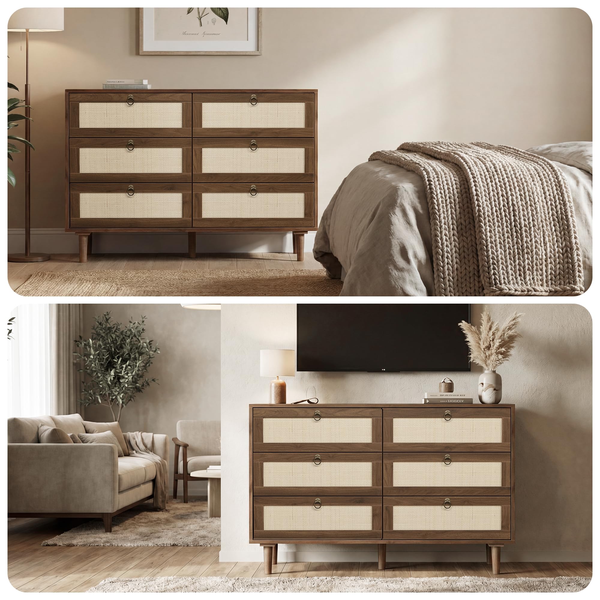 LAZZO 6 Drawer Dresser for Bedroom Dresser for Closet Rattan Chest of Drawers Mid Century Modern TV Stand with Golden Handles for Closet, Living Room and Apartment (Walnut)