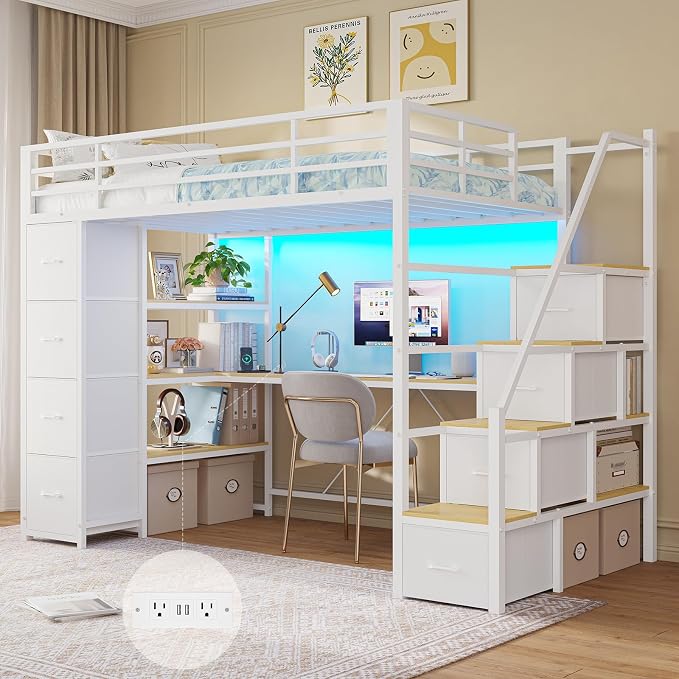 Twin Loft Bed with Desk and Storage Stairs