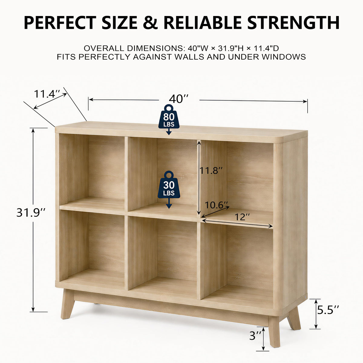 VAKATRELL 6 Cube Horizontal Storage Organizer Bookshelf with Legs, 40" Wide