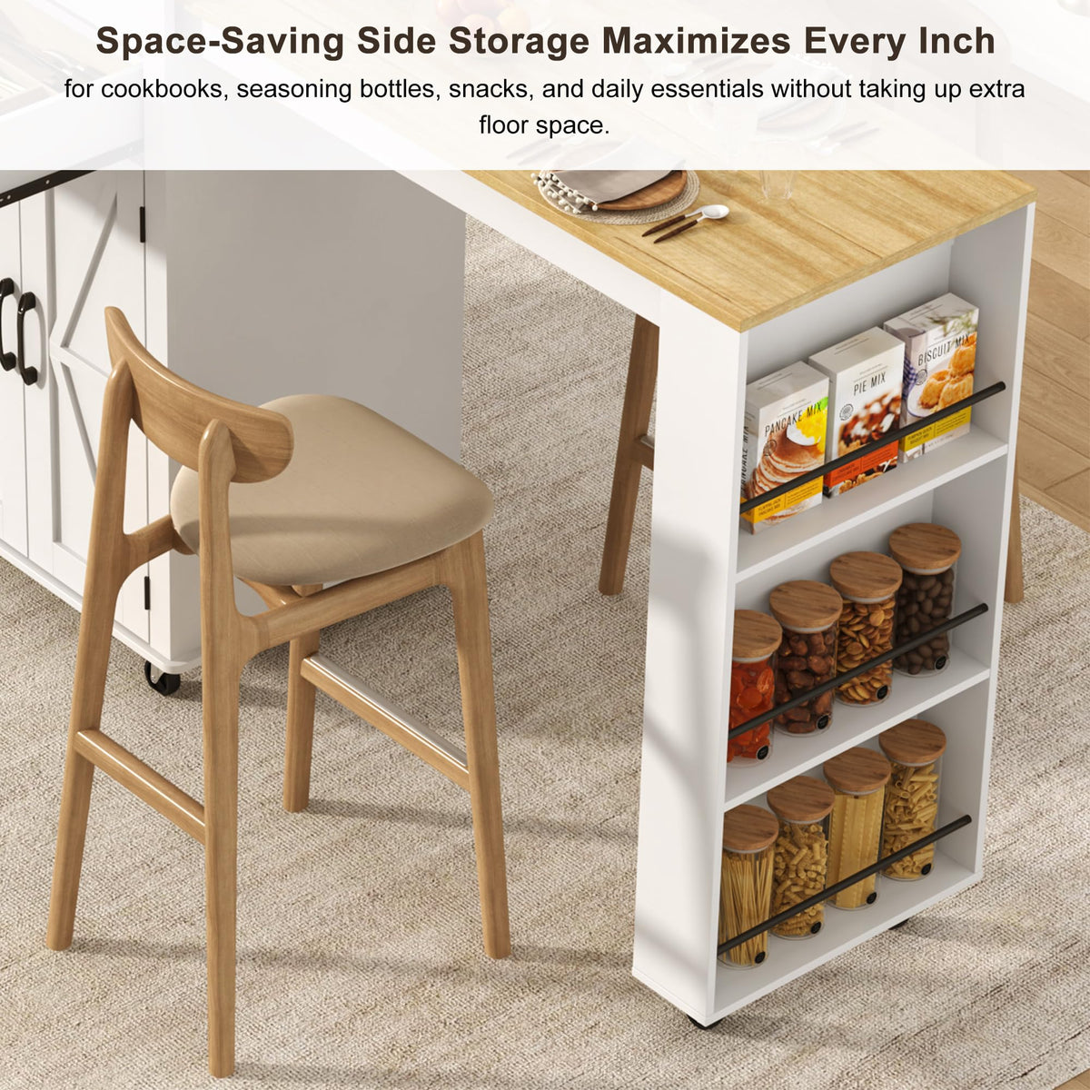 81.6"-51" Extendable Rolling Kitchen Island with Extended Dining Table & Power Outlet, Mobile Kitchen Storage Islands with Trash Cabinet, Large Islands Cart with Storage and 2 Seatings, White