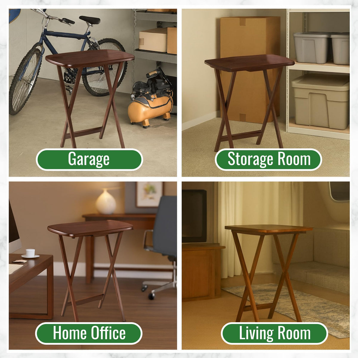Oakestry Walnut 5-Piece Folding TV Snack Tray Tables Set 1 Stand Plus 4 Tables 22.83 in W x 25.79 in H x 15.67 in D Compact Storage Rack Solid Wood Construction Brown Walnut
