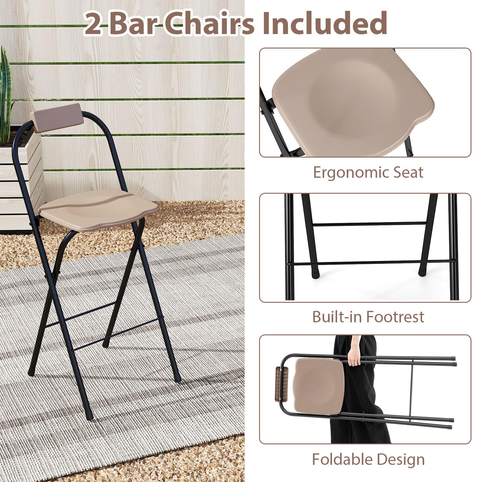 Tangkula 3 Piece Patio Bar Set, Grill Gazebo & 2 Foldable Bar Stools with Awning, Metal Storage Shelves, Glass Holders, Double-Tier Outdoor Shelter for Patio Poolside Garden Backyard (Coffee)