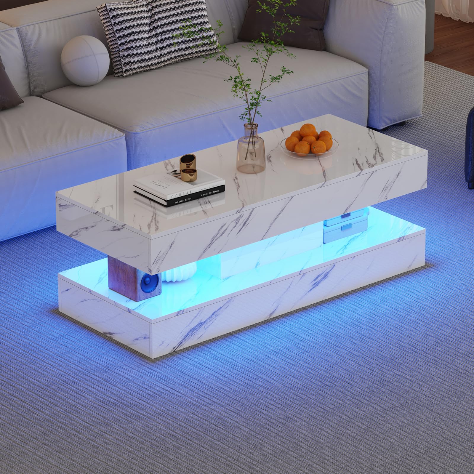 LSHUIZHU 47.2 Inch Coffee Table with LED Lights, Modern High-Gloss Open Shelf Design, 2-Tier Floating Center Table with Illumination, Large LED Coffee Table for Living Room(White)