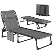 Outsunny Folding Chaise Lounge Chair Outdoor, Sun Tanning Chair with Side Pocket, Carrying Strap, Portable Patio Beach Lounger with 5-Position Reclining Back, Headrest for Pool, Camping, Yard, Gray