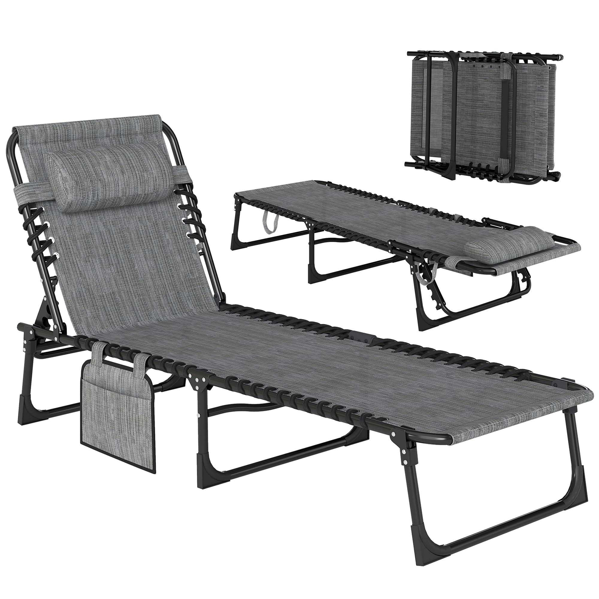 Outsunny Folding Chaise Lounge Chair Outdoor, Sun Tanning Chair with Side Pocket, Carrying Strap, Portable Patio Beach Lounger with 5-Position Reclining Back, Headrest for Pool, Camping, Yard, Gray