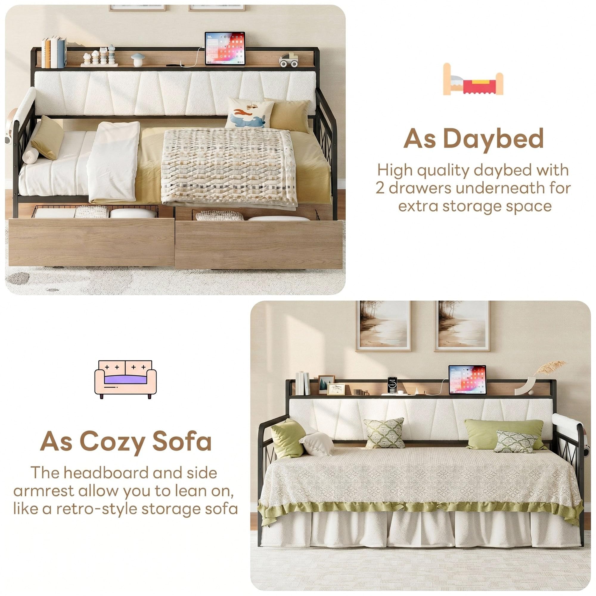 Twin Daybed with Storage Drawers & Charging Headboard
