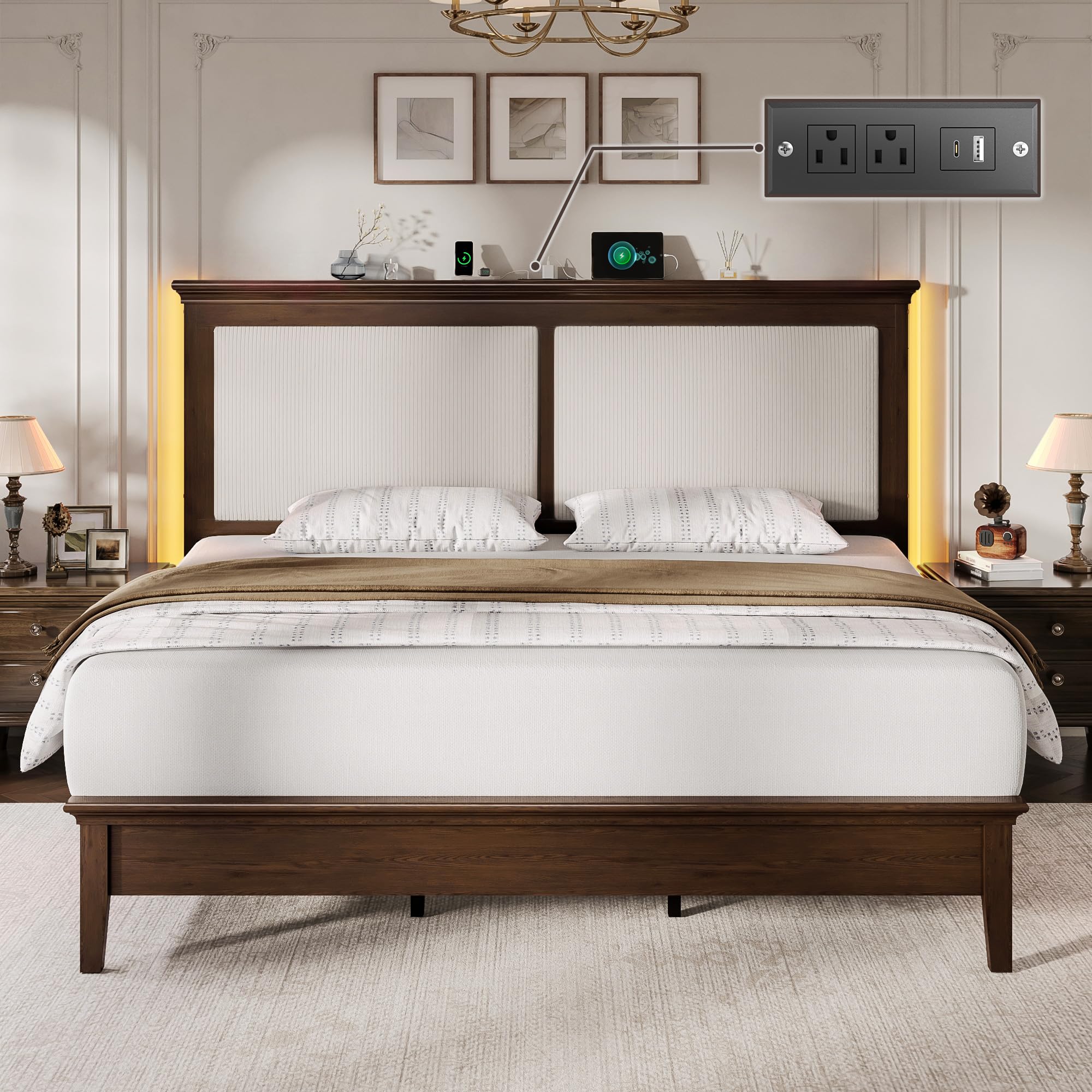 Lifezone Queen Bed Frame with Headboard, Solid Wood Bed Frame Queen Size with Charging Station & RGB LED, Wood Slats Support, Noise-Free, Sturdy Structure, Easy Assembly, Walnut