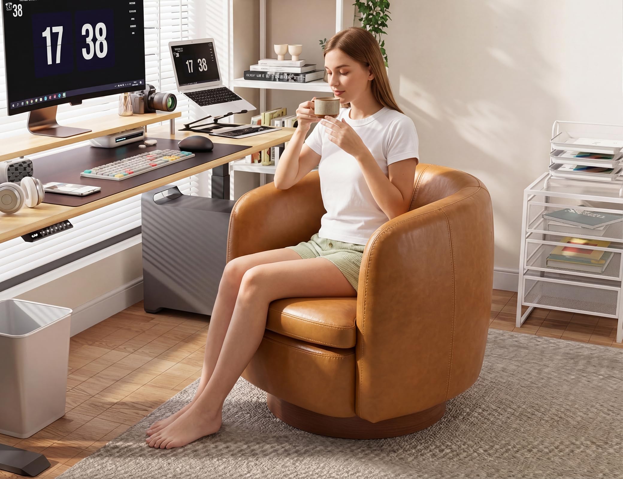 Mistpeople Swivel Barrel Accent Chair, 360° Rotating Small Single Sofa Chair, Upholstered Round Armchair with Solid Wood Base, Modern Comfy Mini Sofa for Living Room, Bedroom, Office, Brown