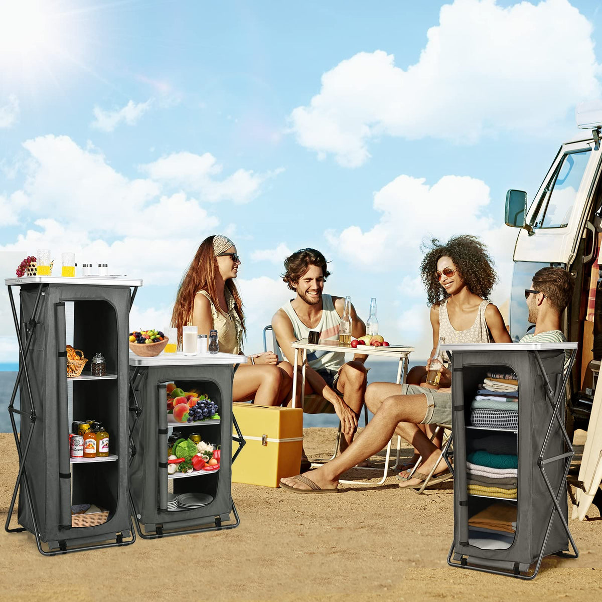 GIANTEX Folding Camping Storage Cabinet with 3 Shelves and Carry Bag, Portable Outdoor Organizer Kitchen Table, Quick Set-up for BBQ, Picnic, Backyard, Compact Pop-Up Cupboard, 55''H