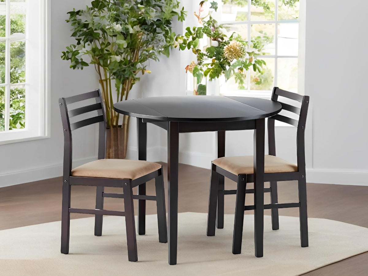 CARTESIAN 3-Piece Round Drop Leaf Dining Set, Cappuccino Table with Ladder Back Chairs, Cream Upholstery