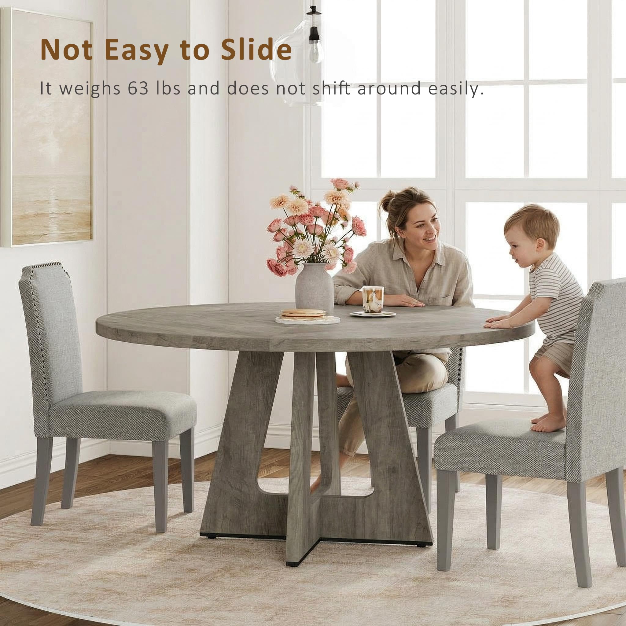 Garvee 47" Round Dining Table for 4 to 6, Farmhouse Kitchen Table with Cross Pedestal Base, 63 Lbs Circle Dinner Table, Not Easy to Slide - Grey (No Chairs)