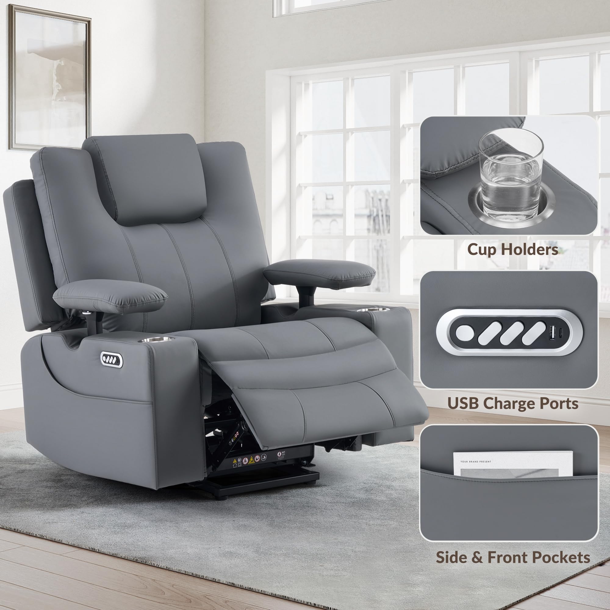 GRAINELL 4-Motor Power Lift Recliner Chair with Independent Backrest & Footrest Adjustment, Adjustable Headrest & Armrests, Massage & Heat for Elderly, USB, Cup Holders, Leather Grey
