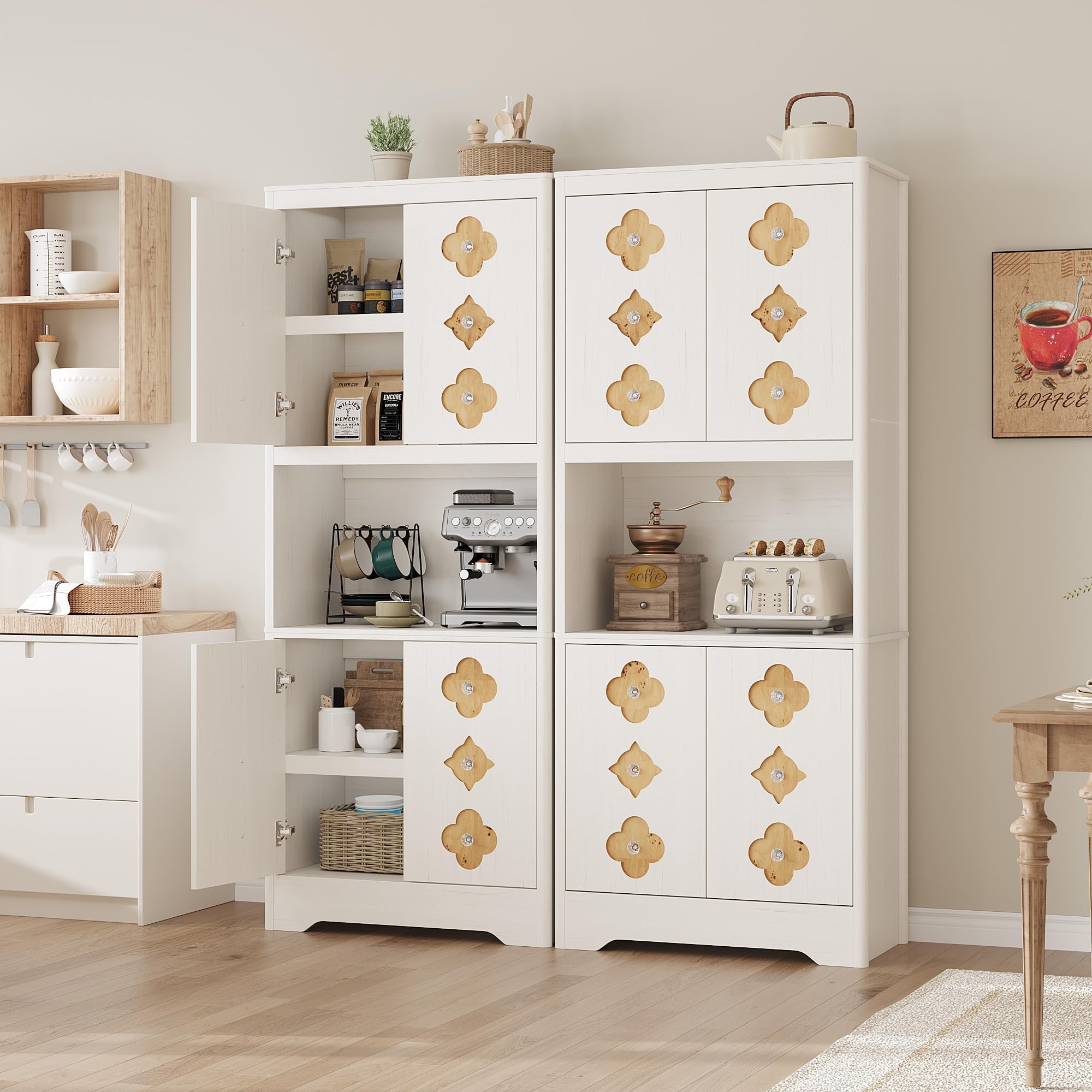 IDEALHOUSE Mid Century Modern Kitchen Pantry Cabinet, 72" Tall Storage Cabinet with Microwave Shelf, Wooden Freestand Cupboard with Carved Flower Door & Crystal Handle, for Dining Room
