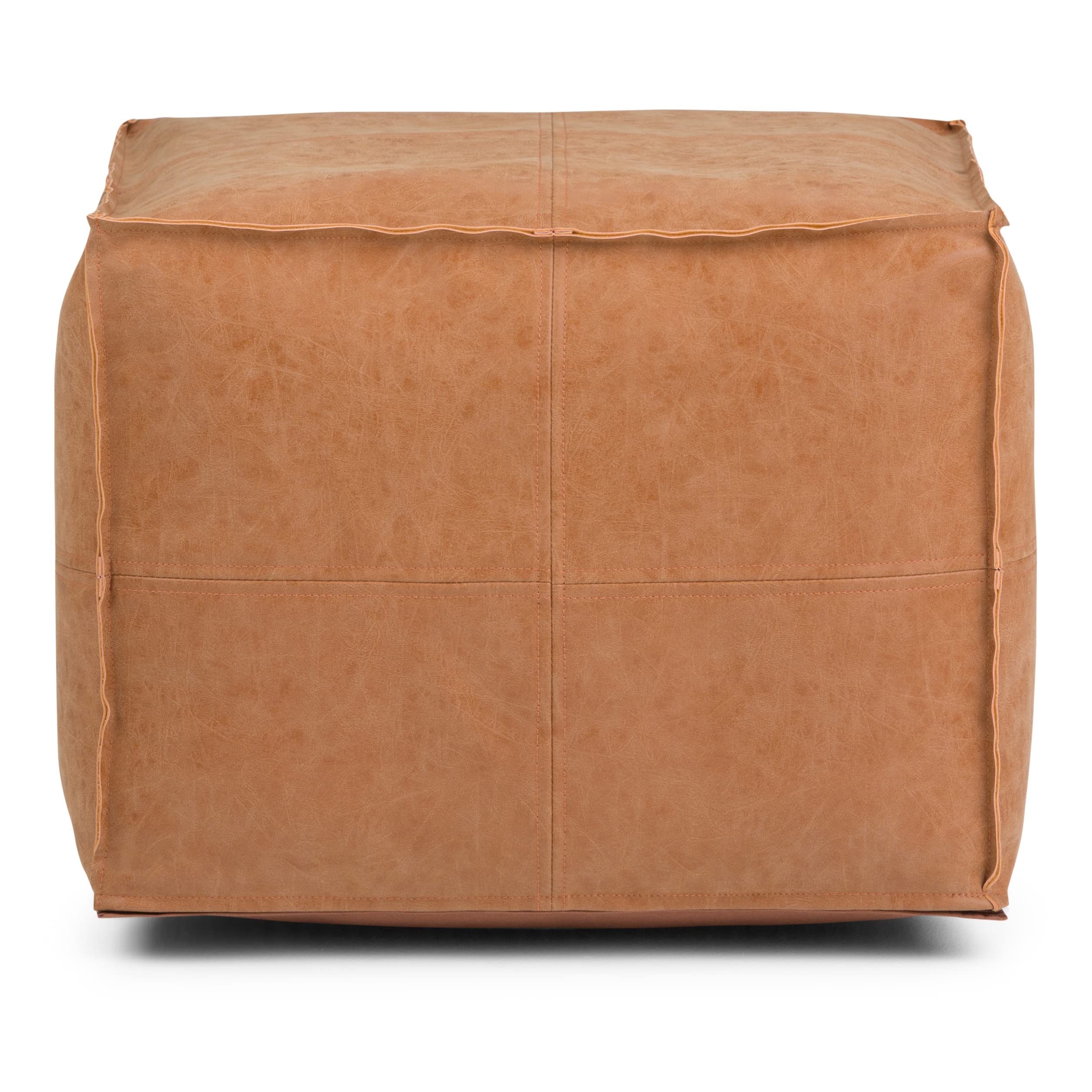 SIMPLIHOME Brody Square Pouf - 18" Wide x 14" High Upholstered Vegan Leather Ottoman in Distressed Brown, Boho Footstool, Coffee Table or Extra Seating for Living Room or Bedroom, Assembled
