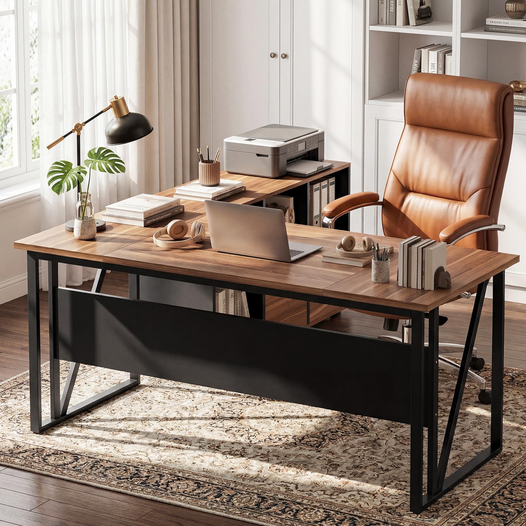 Tribesigns 63-Inch Executive Desk with 47" Mobile File Cabinet, L-Shaped Computer Desk with Drawers & Shelves, Large Industrial Home Office Desk Set with Storage (Dark Brown & Black)