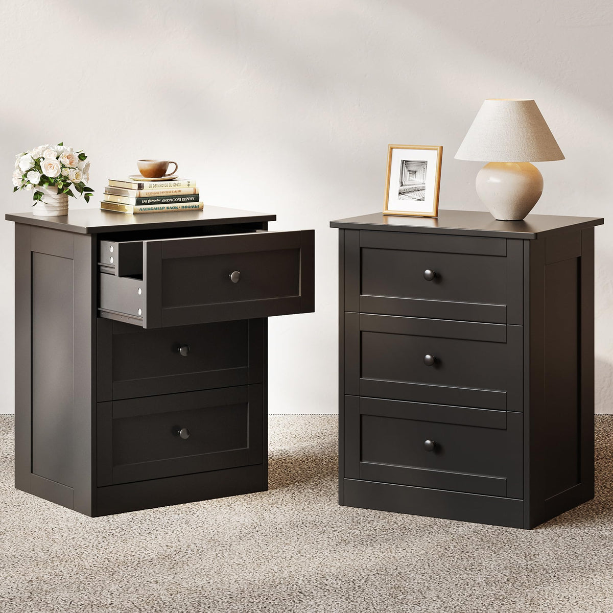wanan Nightstand Set of 2 with Hidden Drawer, Black