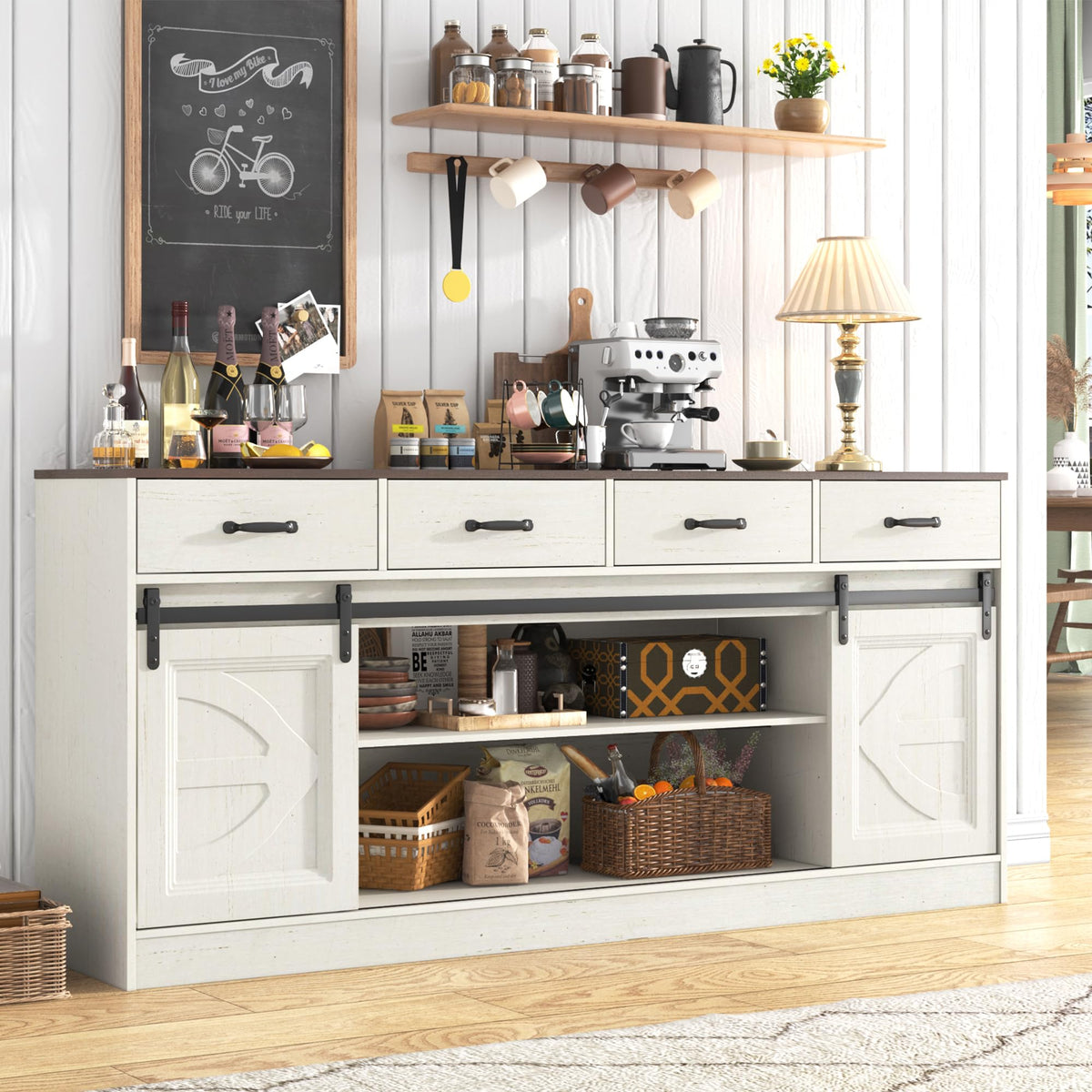 70” Large Buffet Sideboard Cabinet w/4 Drawer,Farmhouse Coffee Bar Cabinet Buffet with Storage,Sliding Door,Long Kitchen Buffet Table,Kitchen Sideboard Storage Cabinet,Credenza for Dining Room,White