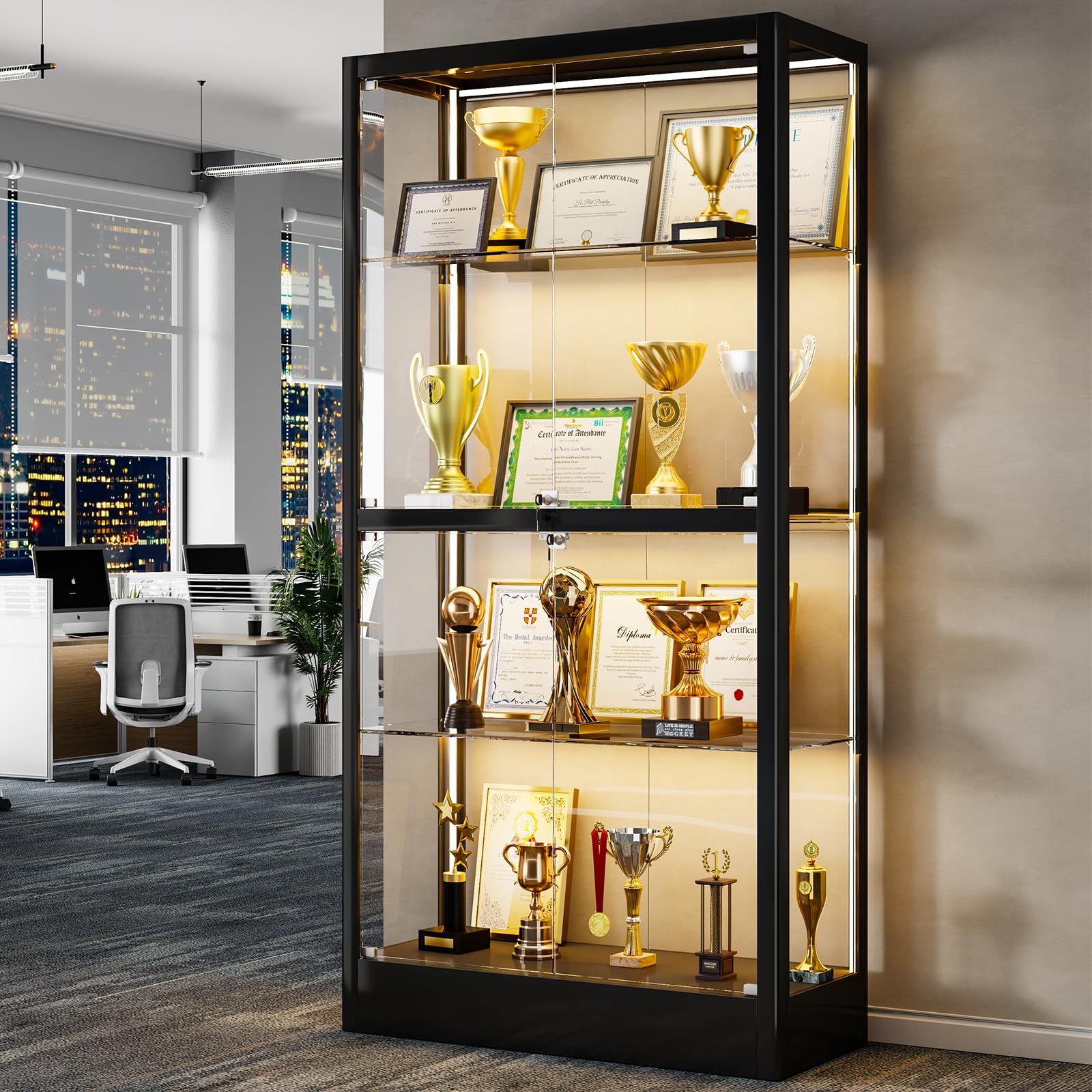4-Tier Glass Display Cabinet with LED Lighting & Lock