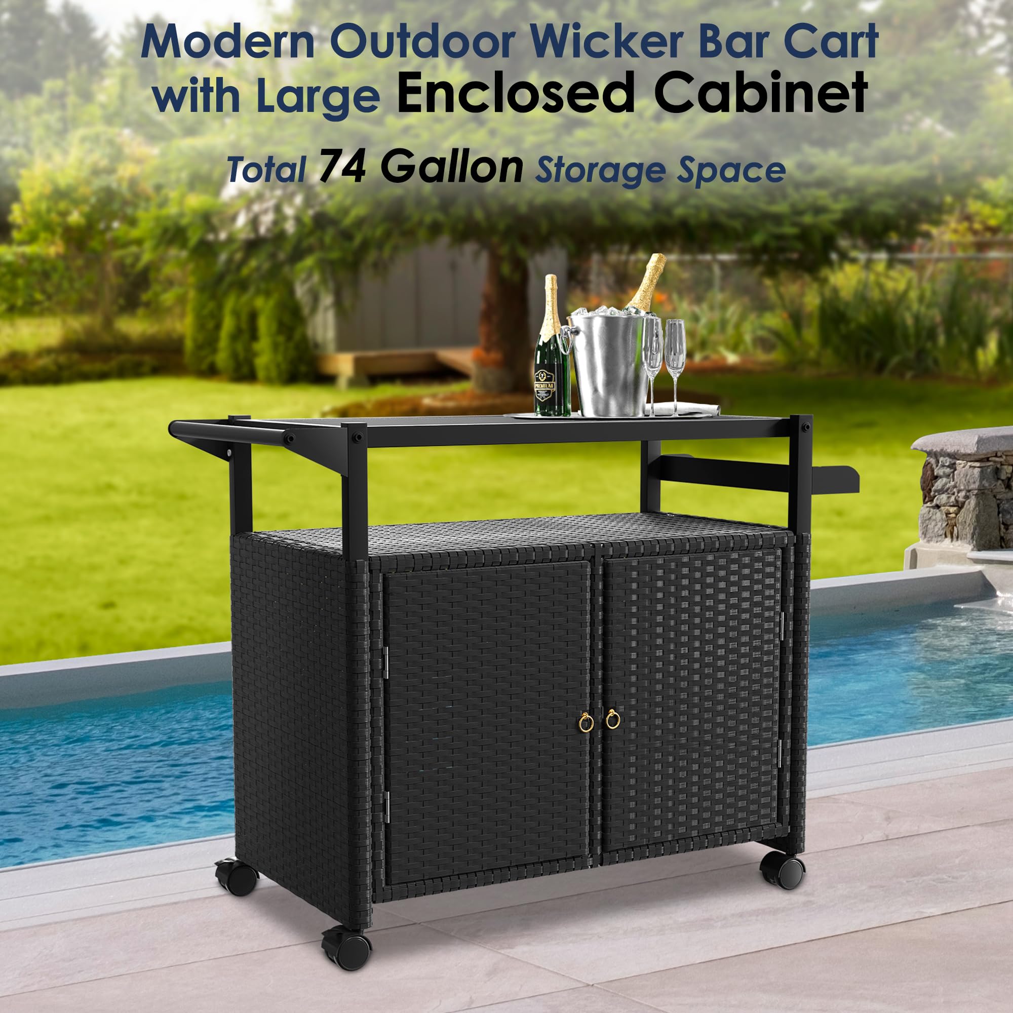 Xilingol Outdoor Bar Table, Wicker Bar Cart with Cabinet, Patio Serving Cart with Tempered Glass Top, Lockable Wheels, Rounded Handle & Side Basket for Garden, Poolside & Backyard, Black