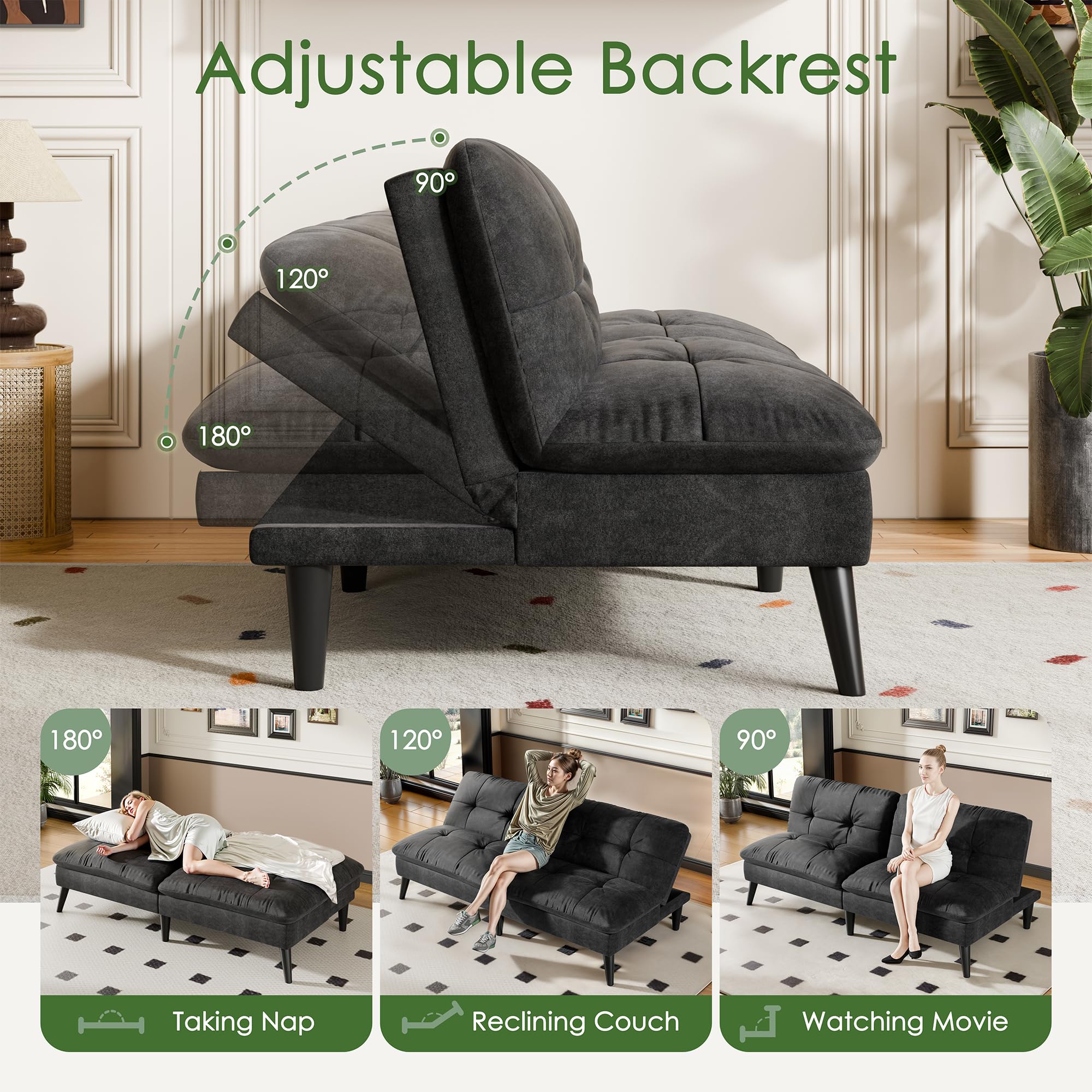 Velvet Futon Sofa Bed with Adjustable Backrest