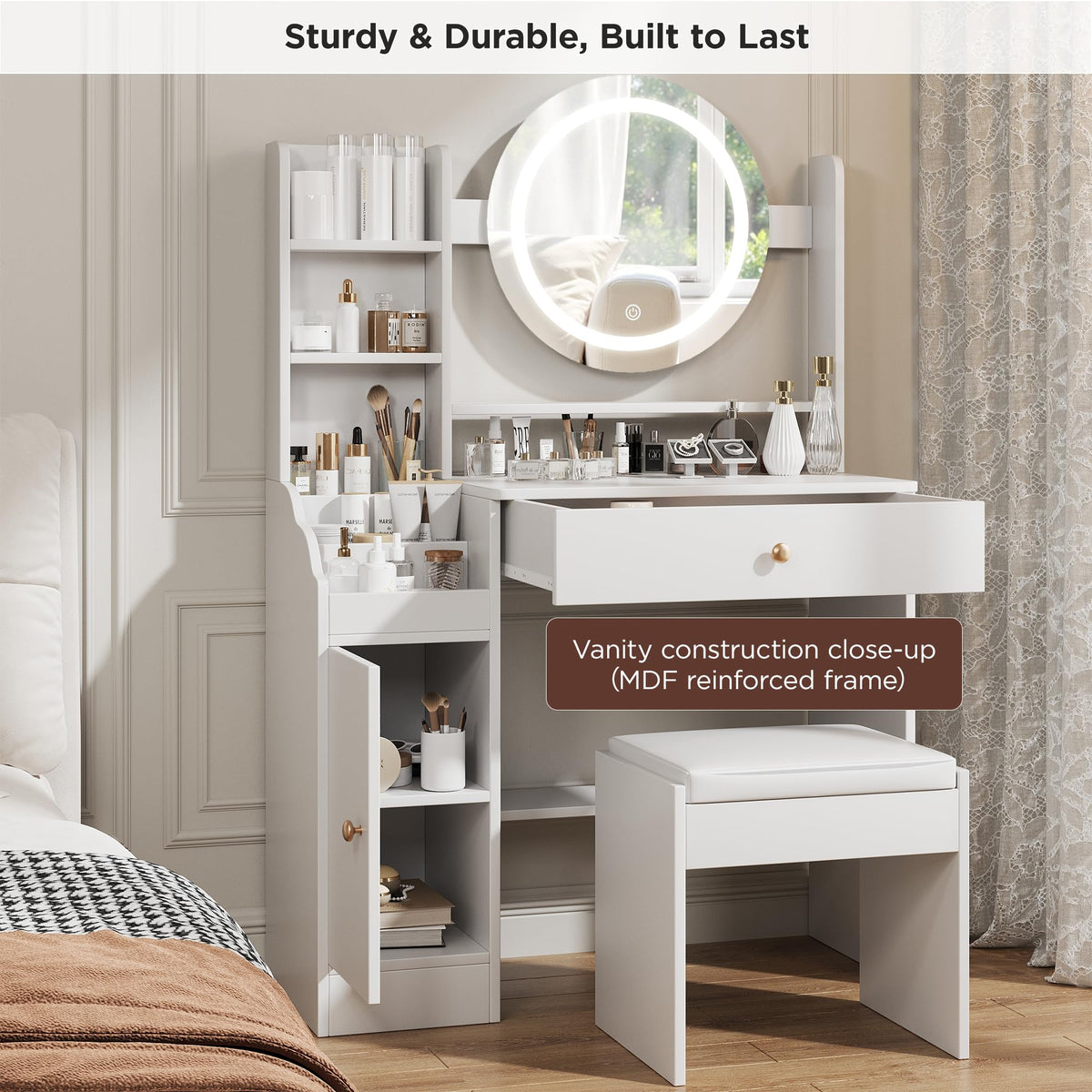White LED Makeup Vanity with Stool