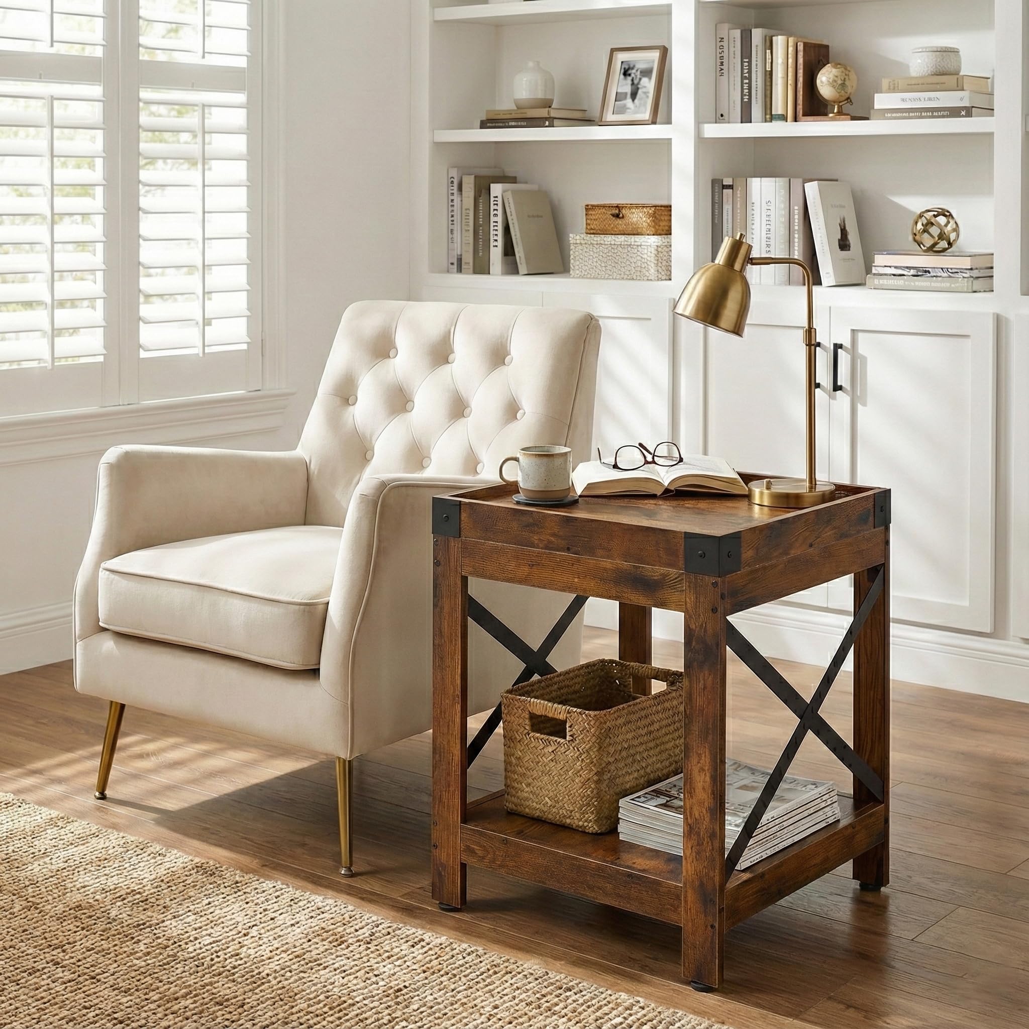 Farmhouse Square Side Table with Storage Shelf