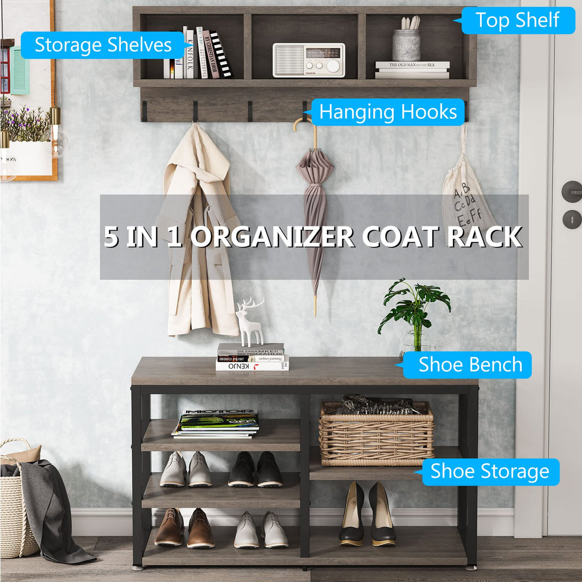 Industrial Coat Rack & Shoe Bench Set