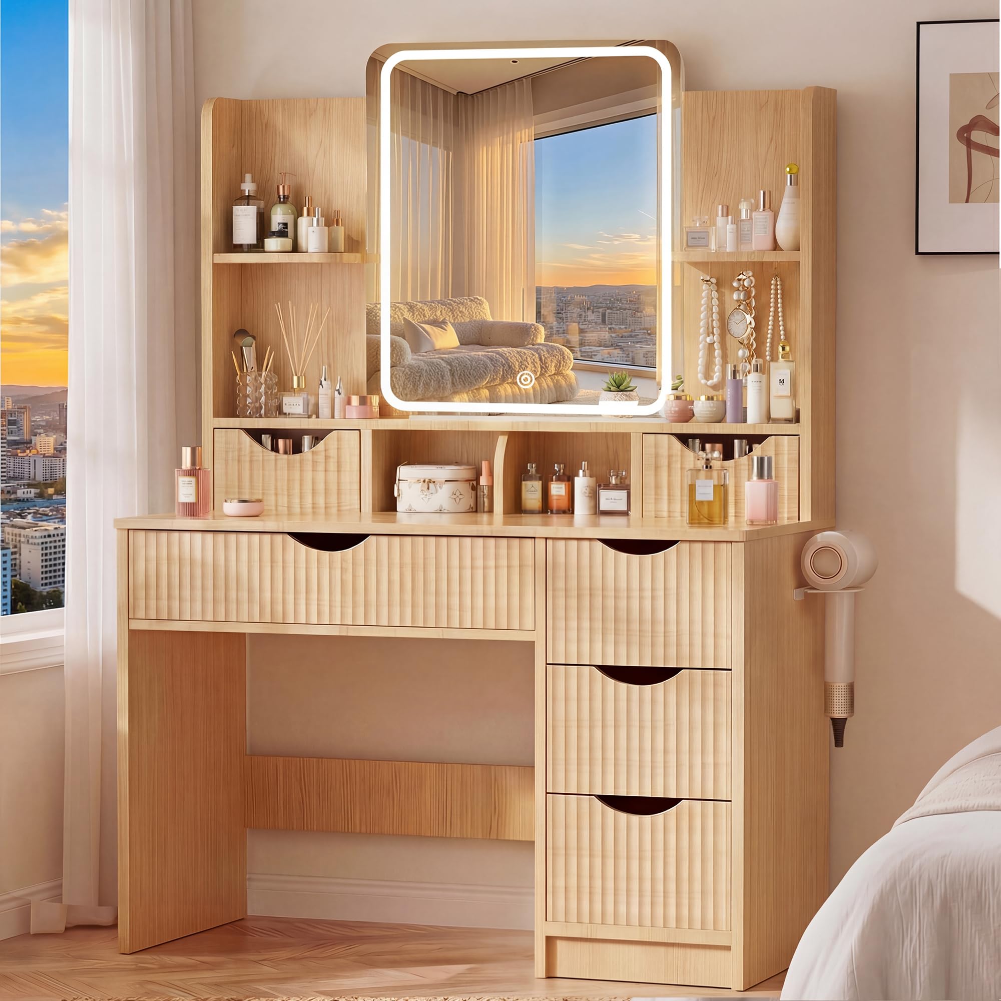 Fluted Vanity Desk with LED Mirror & 6 Drawers
