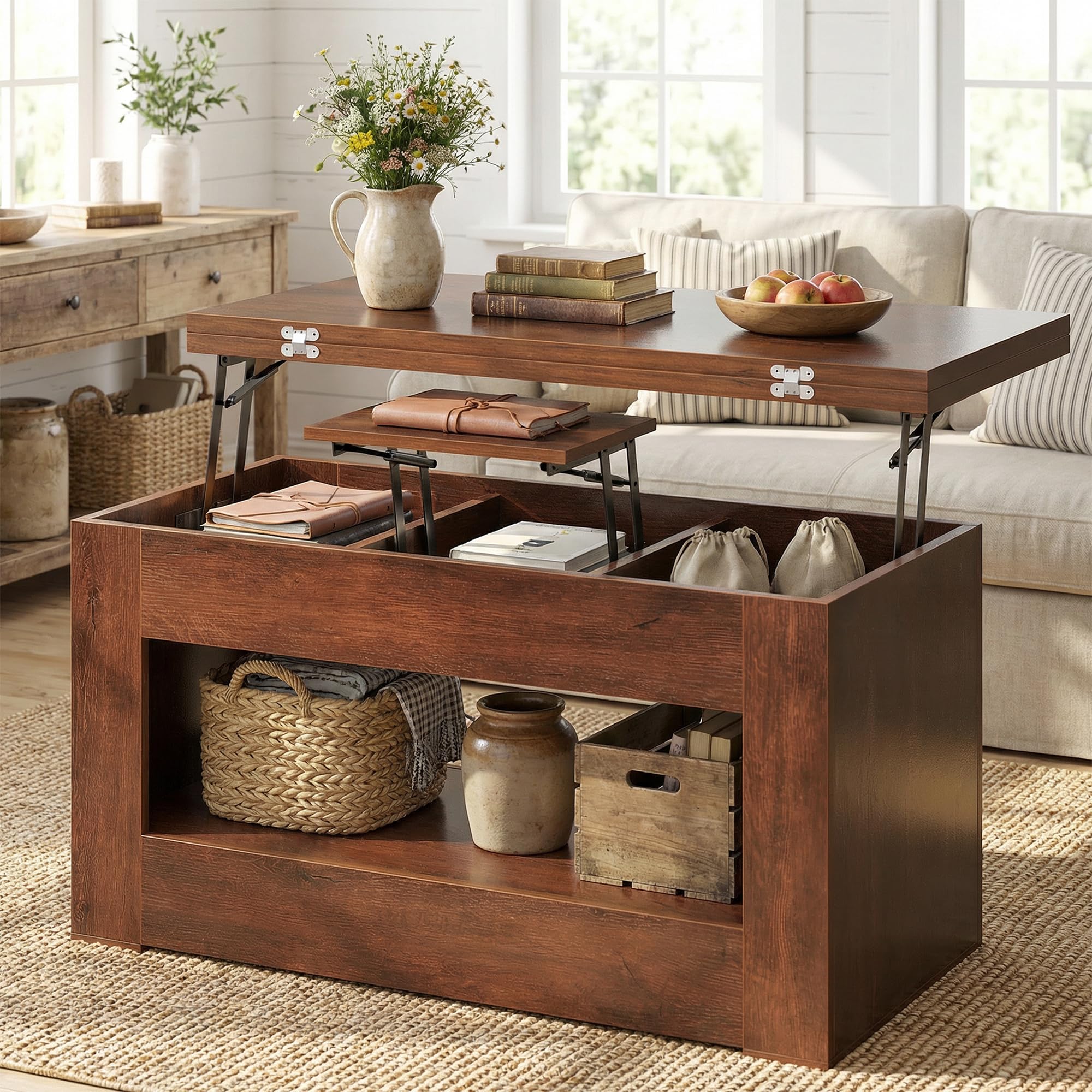 UNIQUITE 40" Lift Top Coffee Table, 4 in 1 Multi-Function Lift Coffee Tables with Storage and Hidden Compartment, Convertible Wood Coffee Tables to Dining Table for Living Room, Walnut
