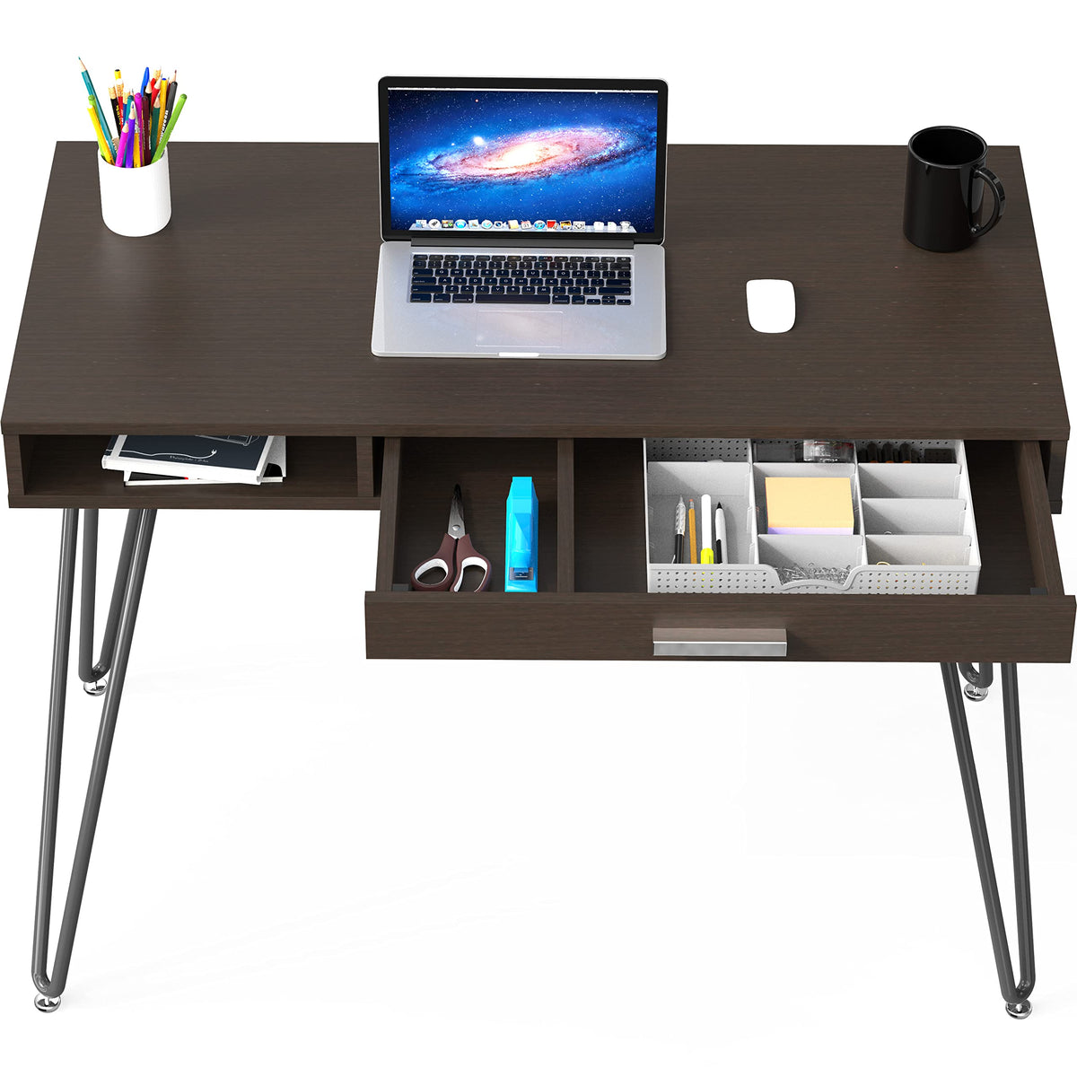 SHW Home Office Computer Hairpin Leg Desk with Drawer, Espresso