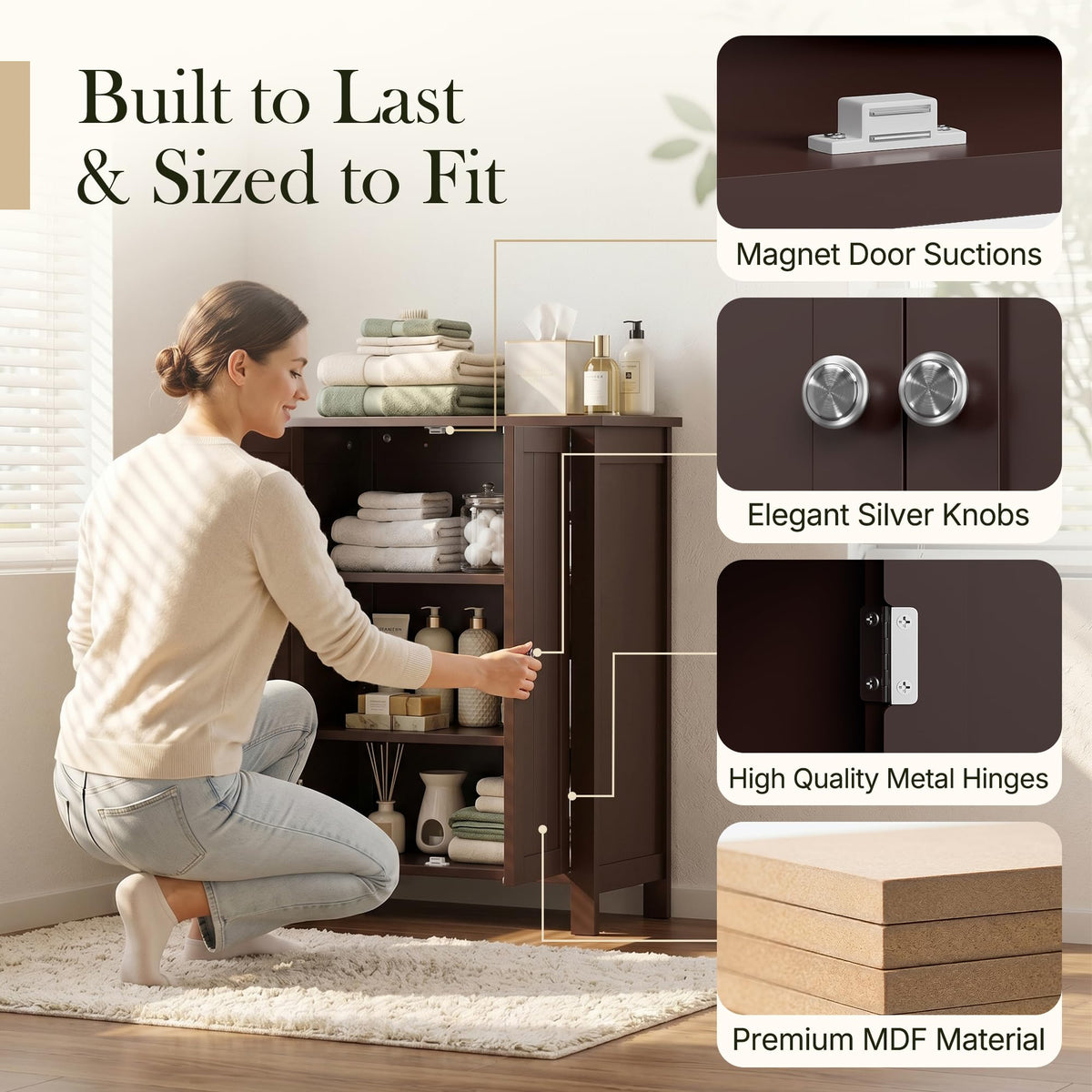 SUPER DEAL Modern Bathroom Floor Storage Cabinet with Adjustable Shelf and Double Door Rust Proof, Living Room Modern Home Furniture Storage Organizer Cabinet, Brown