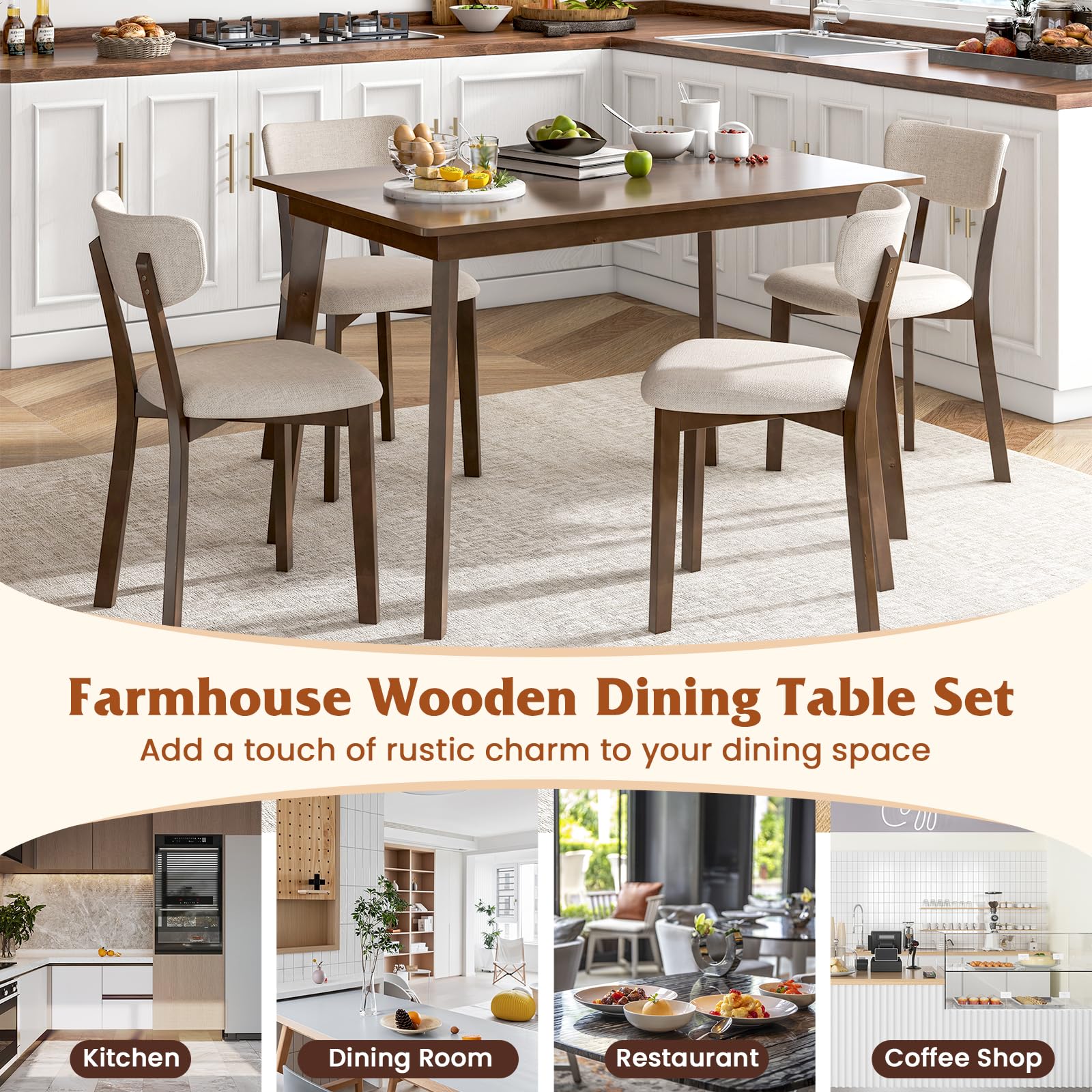 5-Piece Farmhouse Dining Table Set with 4 Upholstered Chairs