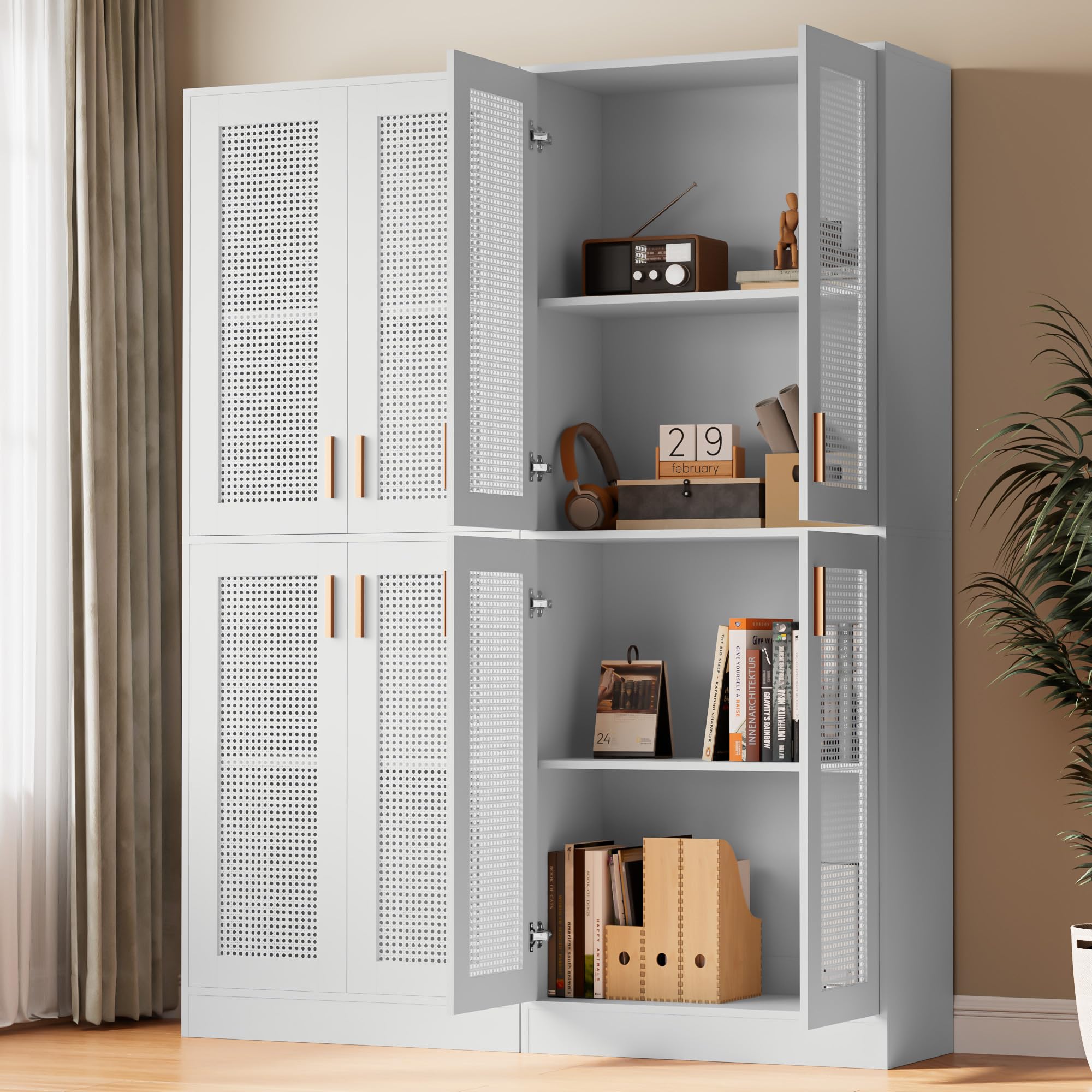 Cozy Castle Kitchen Pantry Cabinet, 71" Tall Rattan Doors Storage Cabinet and Adjustable Shelves, Modern Farmhouse Wood Cupboard Utility Hutch for Kitchen, Dining Room, Living Room (White)