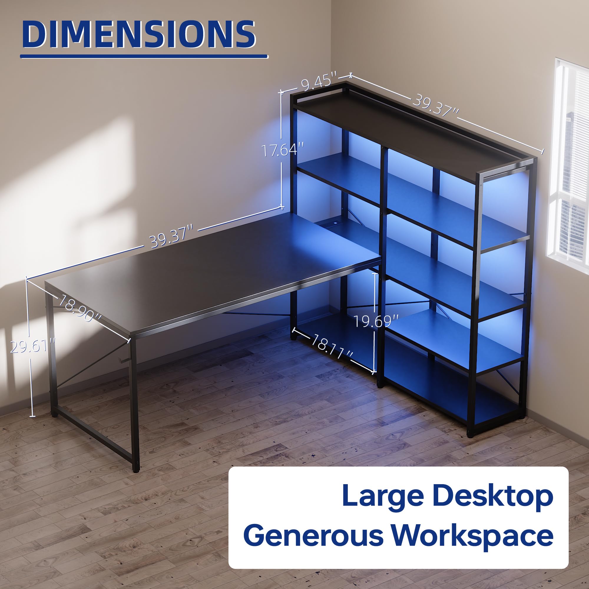 L-Shaped Desk with 5-Tier Shelves, LED Lights & Power Outlet, 49 Inch