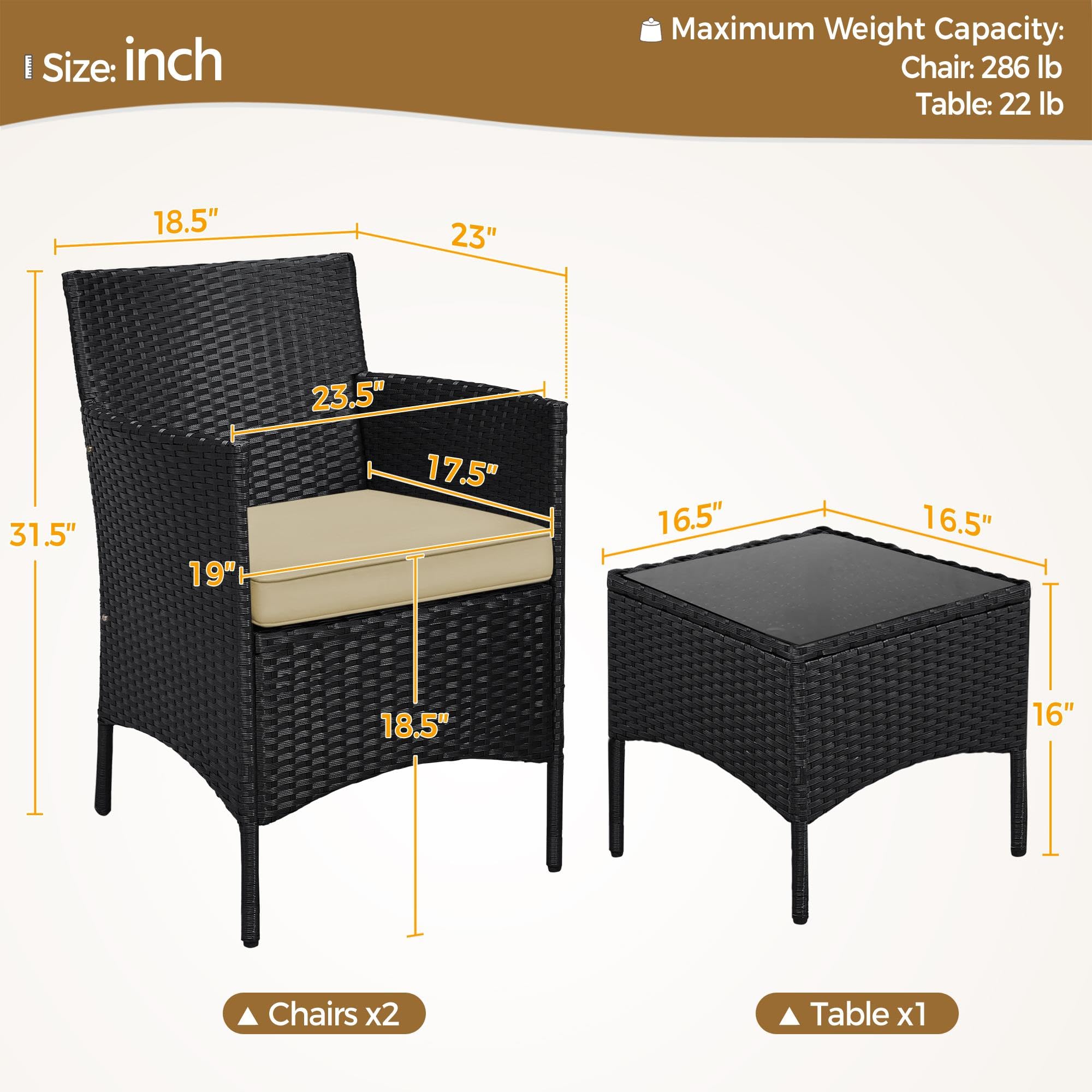 Yaheetech 3 Pieces Patio Conversation Set, Outdoor Rattan Bistro Furniture, 2 Chairs with Cushions & 1 Side Table for Bistro/Porch/Garden/Deck/Courtyard, Black/Khaki
