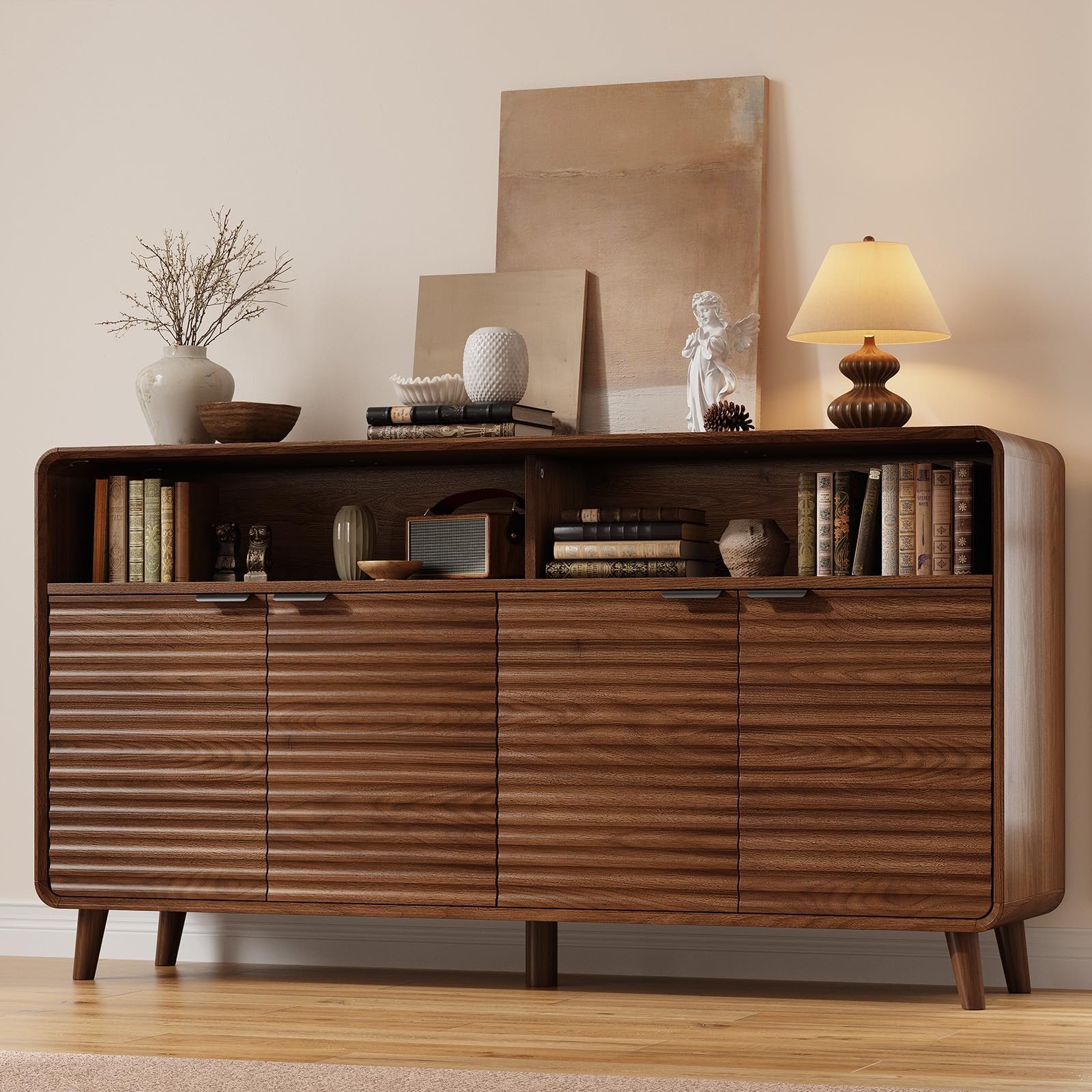 Lefurture 61" Sideboard Buffet Cabinet with Open Storage & 4 Doors, Large Coffee Bar Cabinet with Adjustable Shelves, Mid Century Modern Fluted Buffet Cabinet for Kitchen, Living Room, Walnut