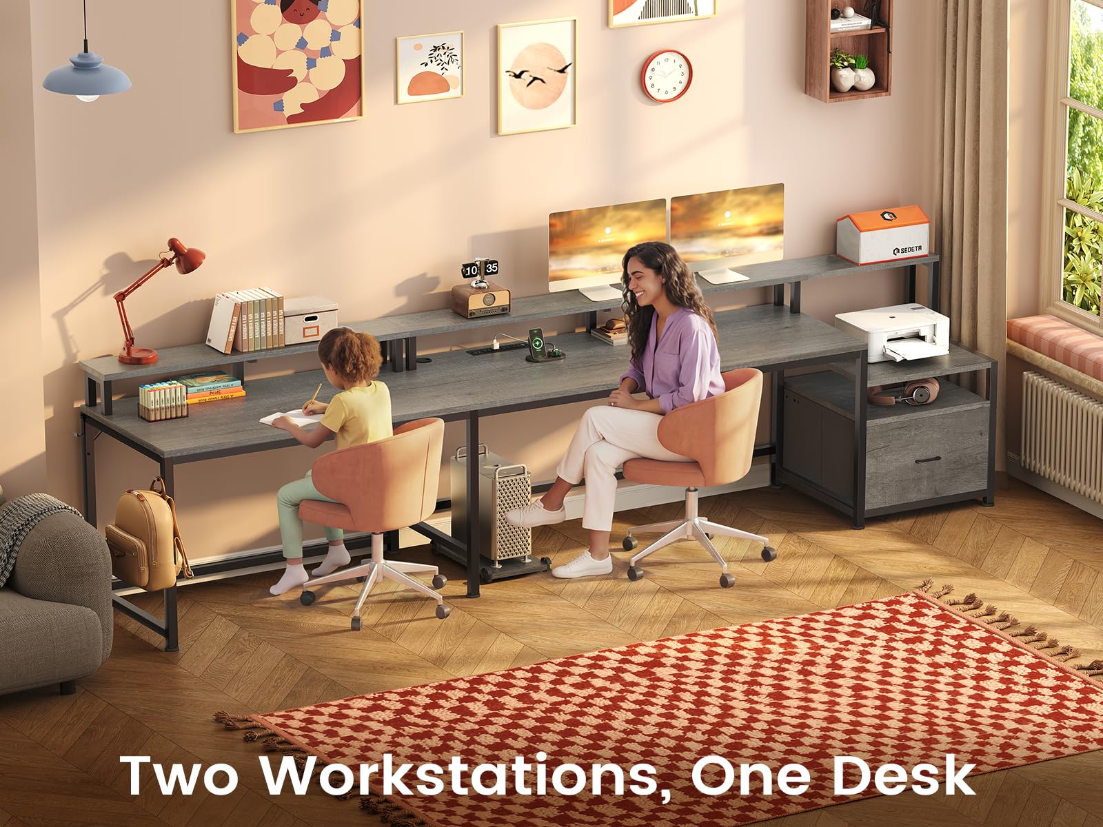 SEDETA L Shaped Desk, 66" Home Office Desk with File Drawer & Power Outlet, Gaming Desk with Led Lights, Corner Computer Desk with Monitor Shelf, Printer Storage Shelves, Two Person Desk, Grey
