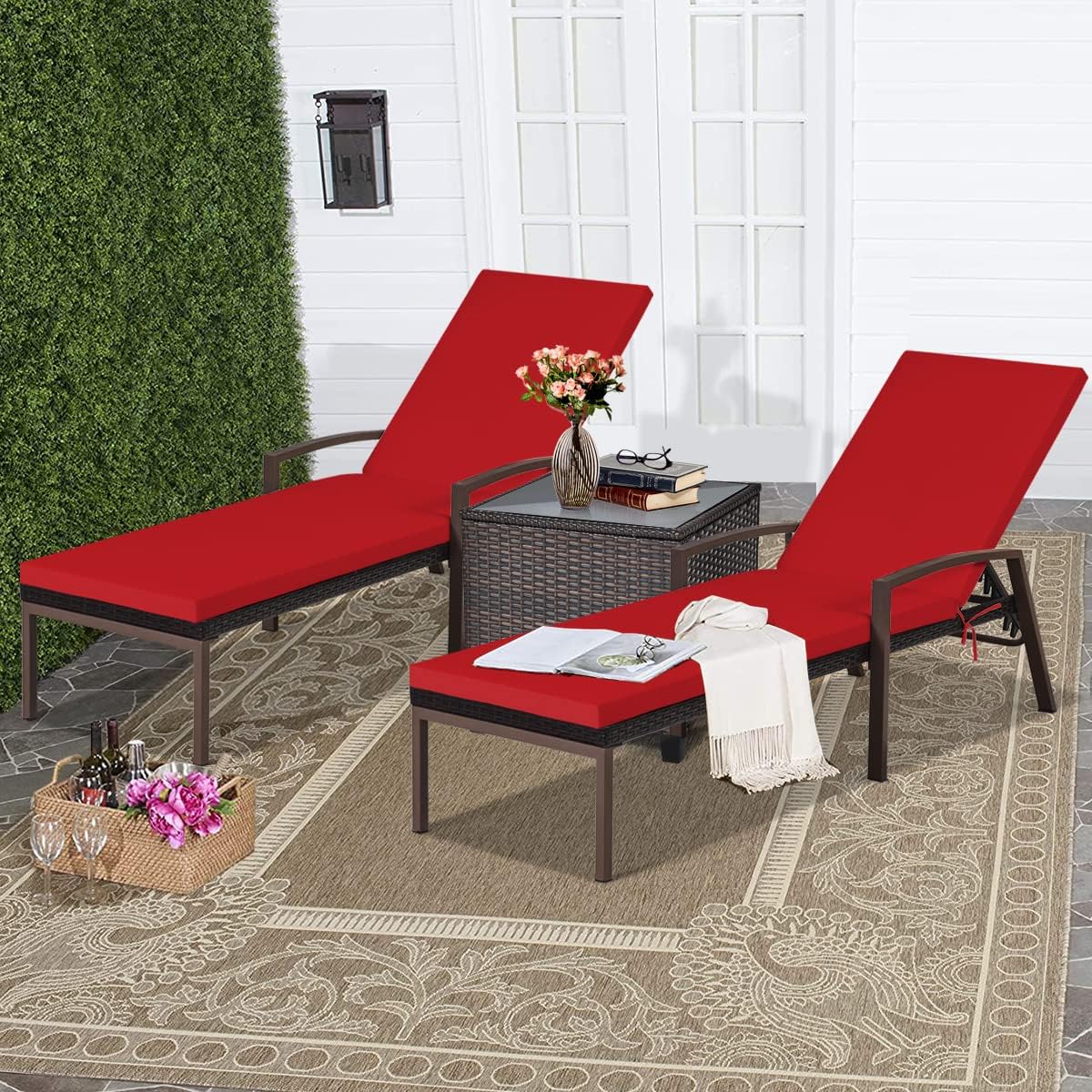 Outdoor Rattan Chaise Lounge Chair Set of 2
