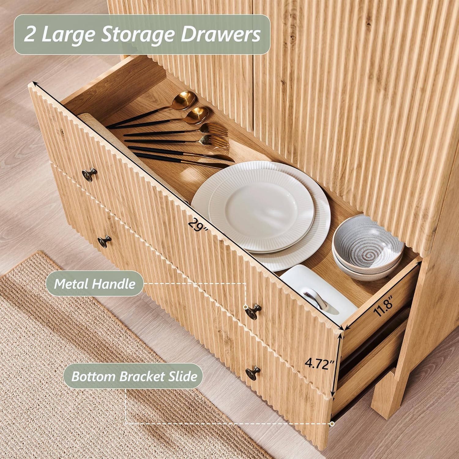 Fluted Arched Pantry Cabinet with Drawers & Adjustable Shelves