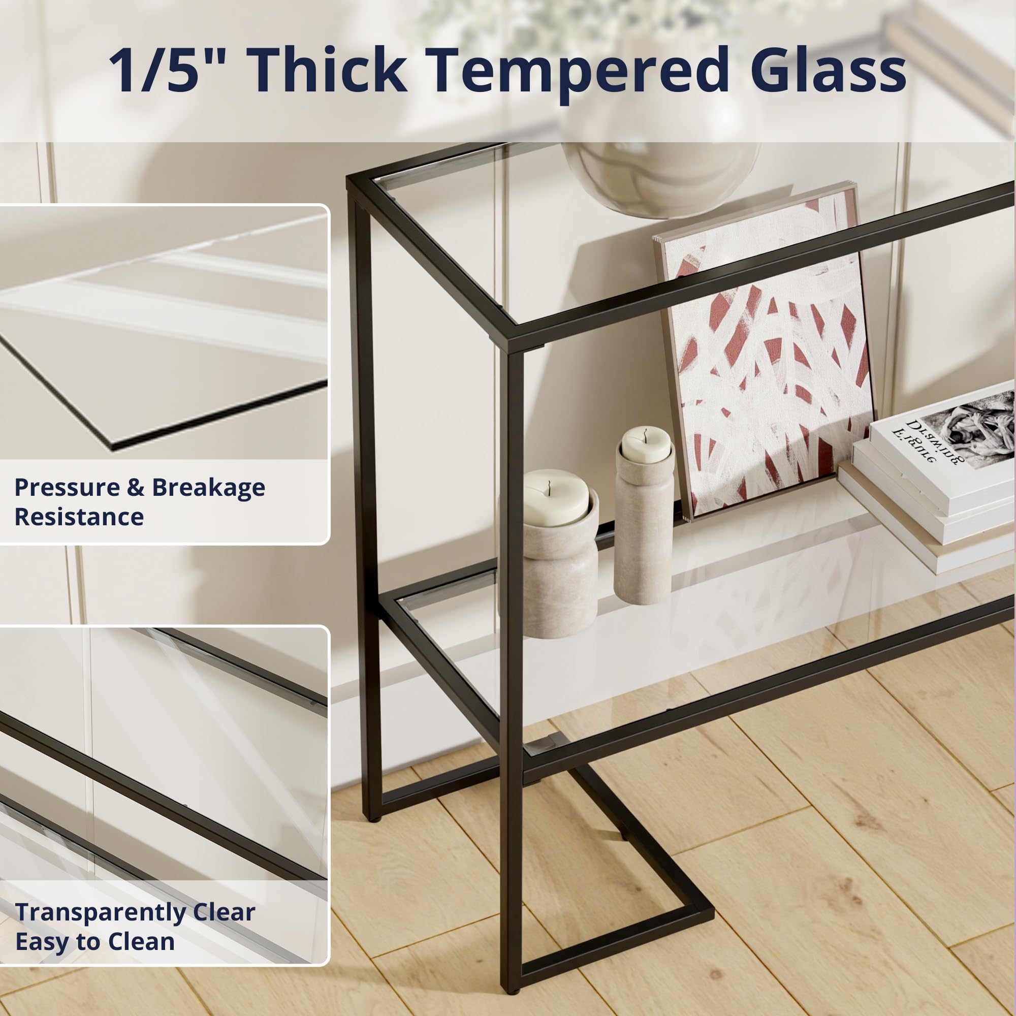 Cozy Castle 52" Entryway Table, 2-Tier Narrow Console Table with Tempered Glass & Sturdy Metal Frame, Modern Sofa Table with Storage Shelves for Entryway, Hallway, Foyer, Living Room, Black