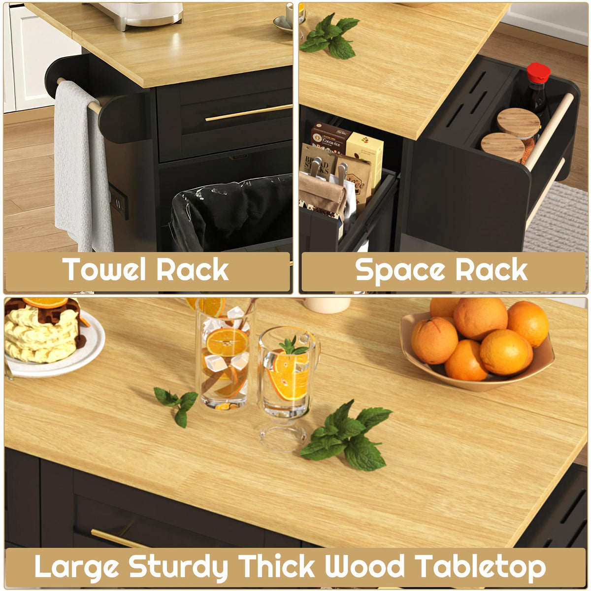 St.Mandyu 69" Large Kitchen Island on Wheels, Kitchen Rolling Island Cart with Trash Storage Cabinet, Power Outlet, 3-Tier Pull-Out Storage Trays, Drop Leaf, Mobile Island Table for Kitchen, Black