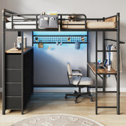 Twin Loft Bed with Desk, 8 Storage Drawers & LED Lights