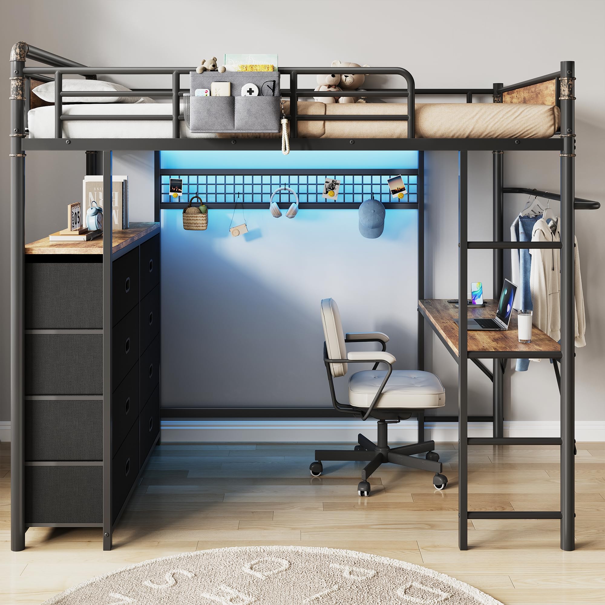 Twin Loft Bed with Desk and 8 Storage Drawers, Metal Loft Bed Twin Size with LED Lights & Charging Station, Bed Frame with Hanging Rod, Safety Guardrail & Ladder, for Kids & Teens (Rustic Brown)