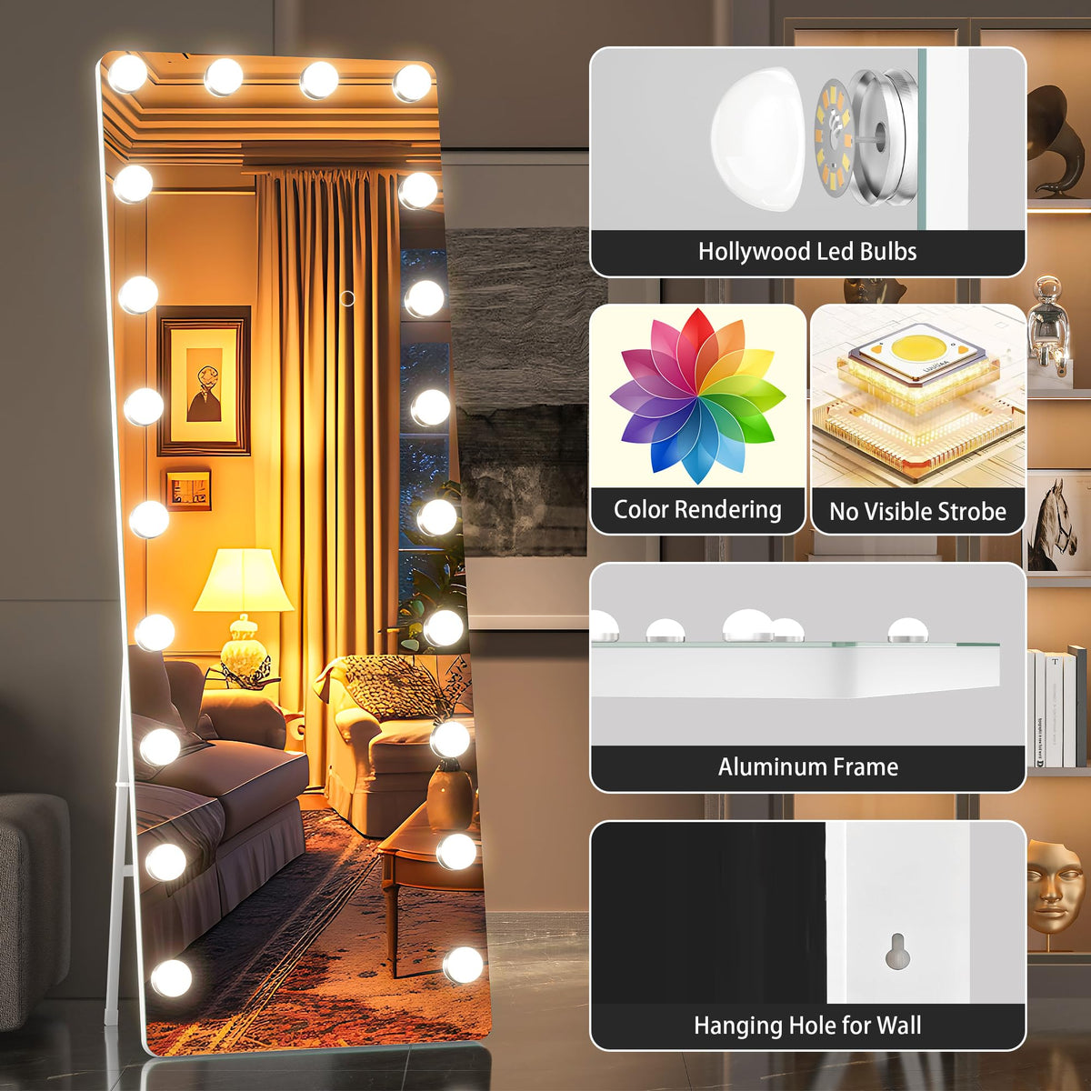 OUYOBO Full Length Mirror with Lights, 83" x 35" Led Standing Mirror, Hollywood Full Body Mirrors with Bulbs, Wall Mounted, 3 Colors Temperature