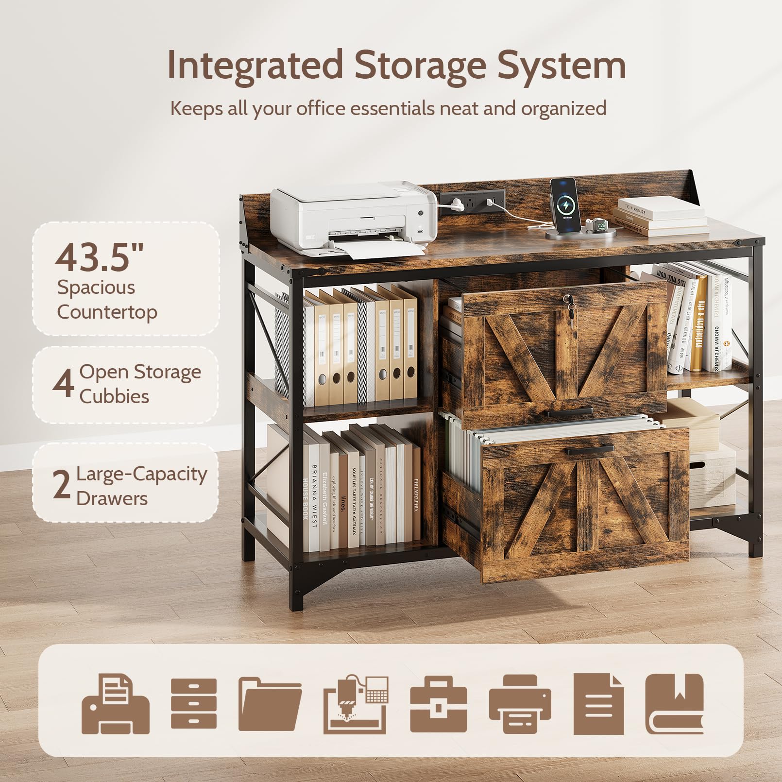 Lateral Filing Cabinet with Lock, Power Outlets & Storage Shelves