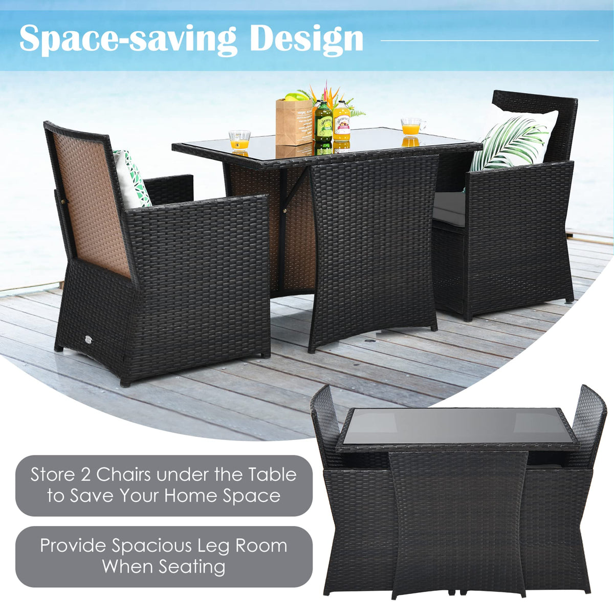 DORTALA Wicker Patio Bistro Set 3 Piece, Outdoor Table and Chairs with Tempered Glass Tabletop, Cushions, Small Rattan Furniture Conversation Sofa Set for Balcony, Porch, Backyard, Deck, Grey