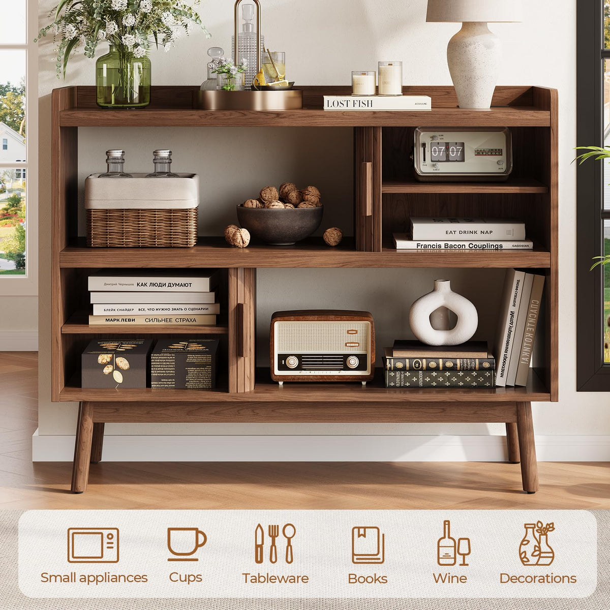 Lefurture 44" Buffet Sideboard Cabinet with Outlet Sliding Door, Walnut