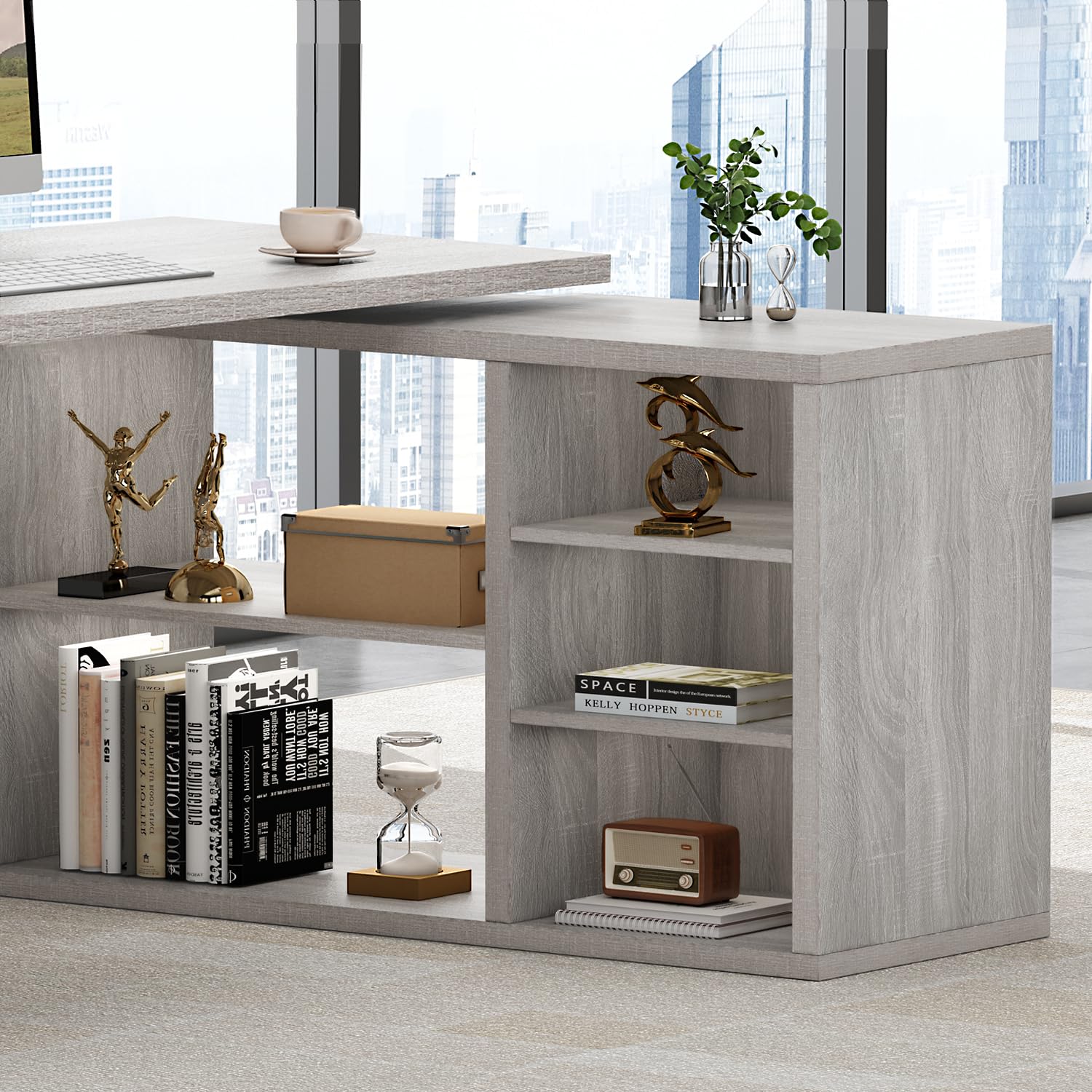 L-Shaped Corner Desk with Storage Shelves & Cabinet