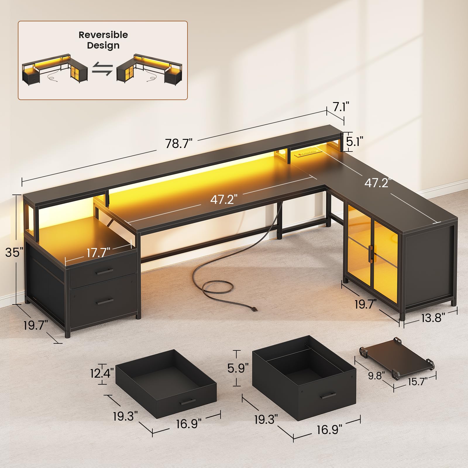 SEDETA L Shaped Gaming Desk, 78.7” Large Computer Desk with Drawers and Power Outlet & LED Light, Corner Gaming Desk with Storage Shelves, Display Cabinet for Home Office, Black